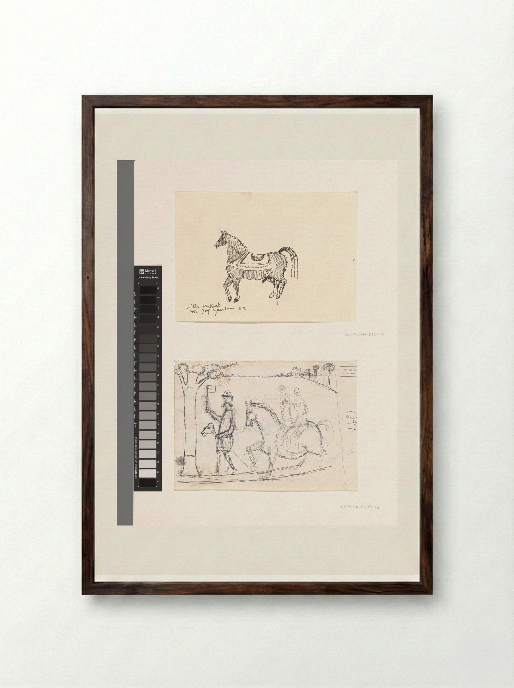 Landschap met man op een stokpaard en twee figuren zittend op een paard - Willem Westbroek - Framed Print Dark Wood