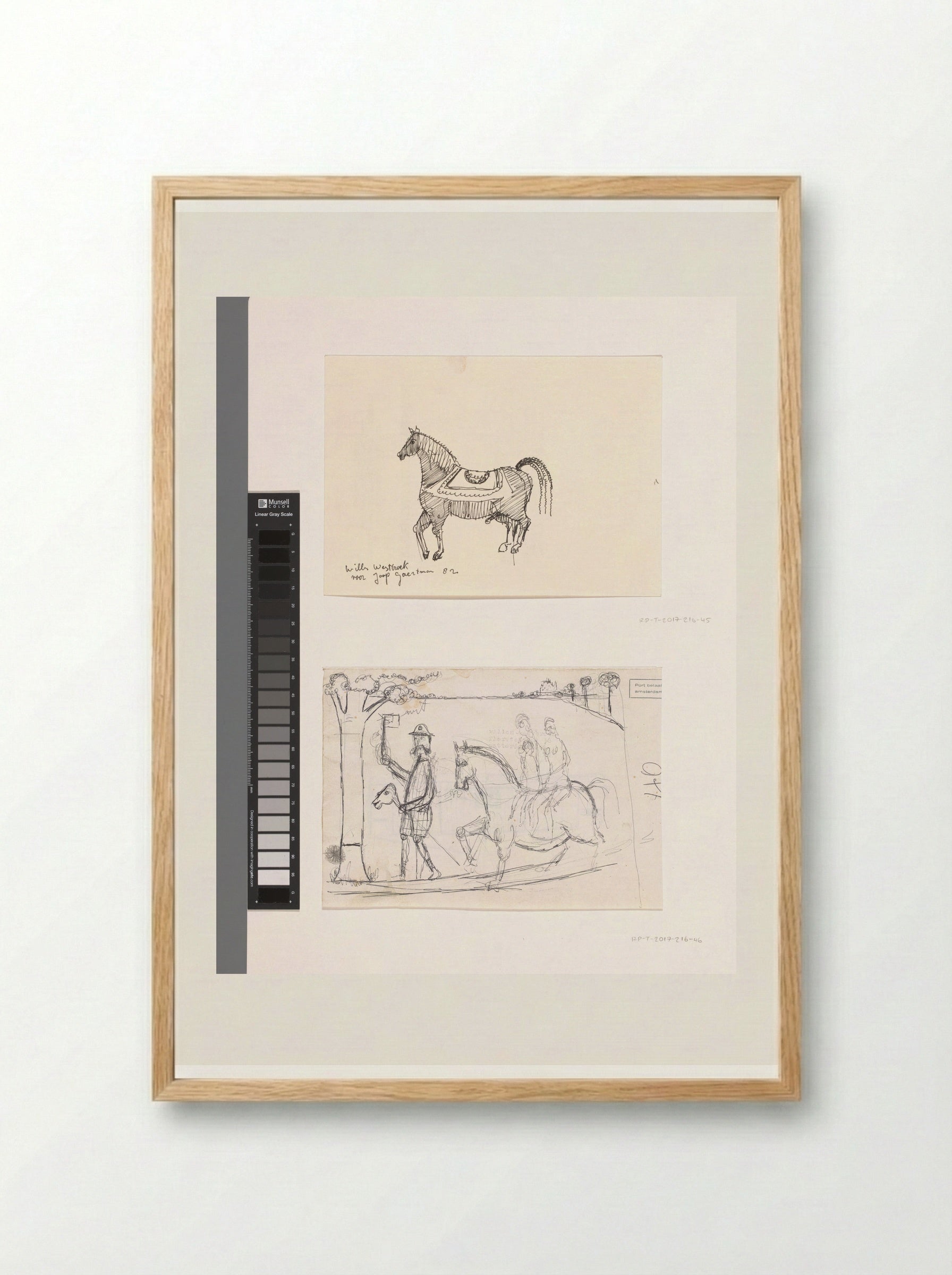 Landschap met man op een stokpaard en twee figuren zittend op een paard - Willem Westbroek - Framed Print Wood