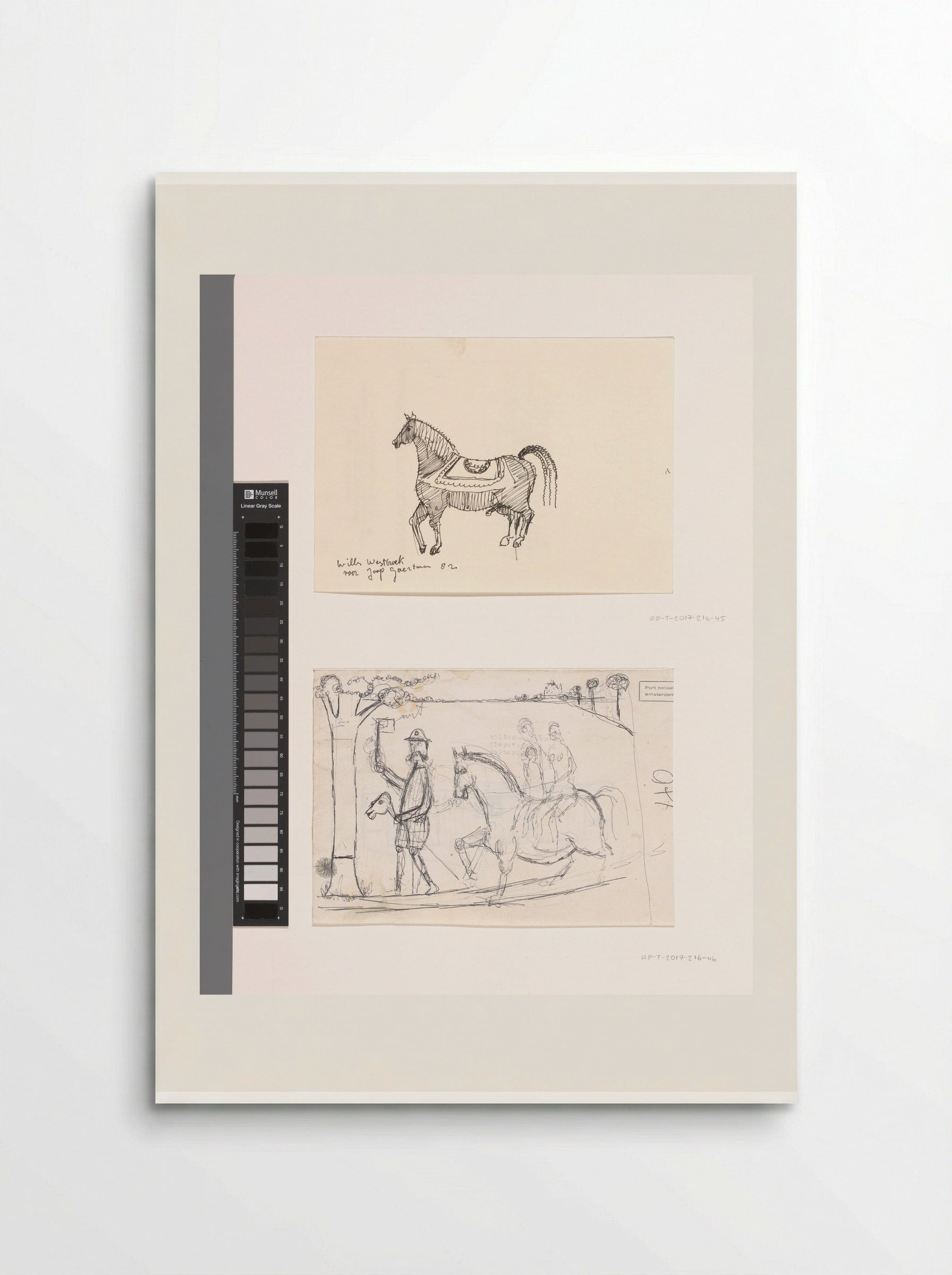 Landschap met man op een stokpaard en twee figuren zittend op een paard - Willem Westbroek - Poster