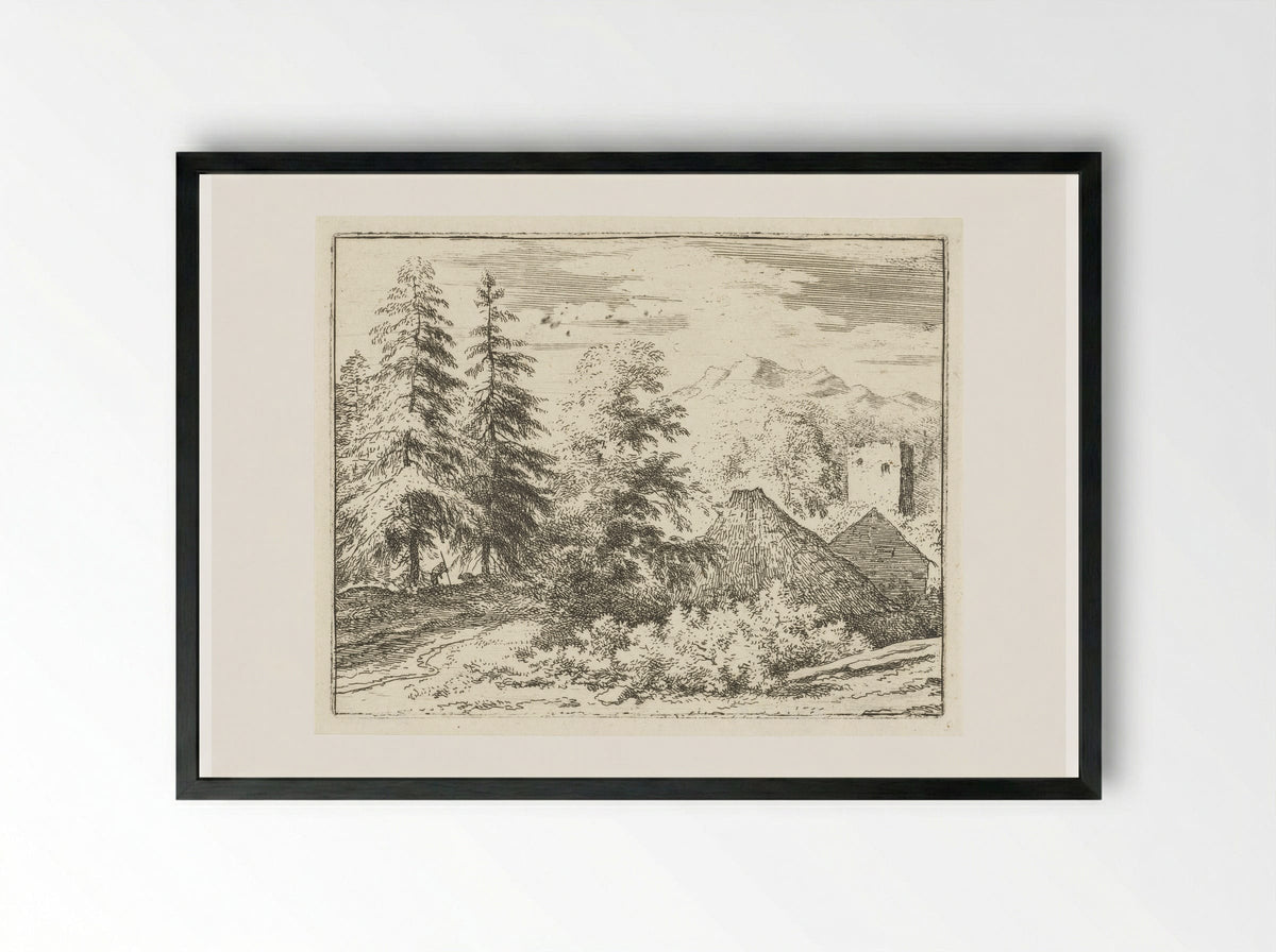 Landschap met man tussen twee sparren - Allaert van Everdingen - Framed Print Black
