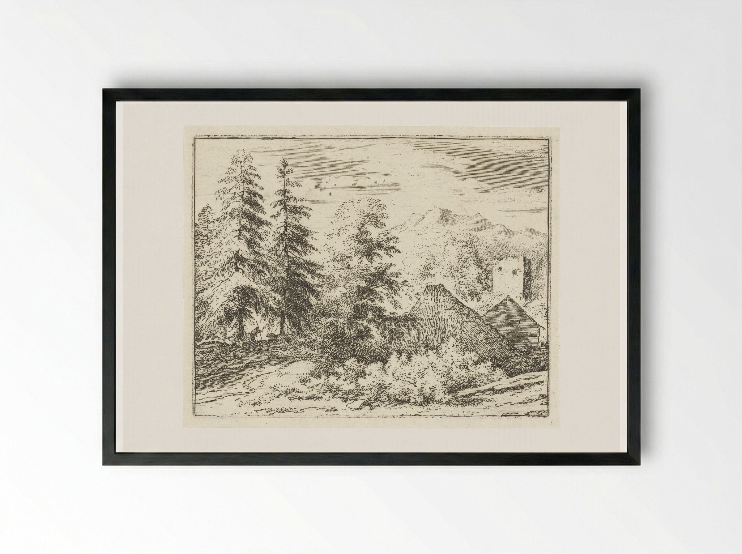 Landschap met man tussen twee sparren - Allaert van Everdingen - Framed Print Black