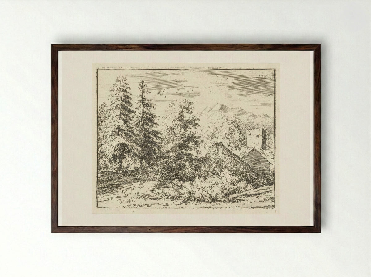 Landschap met man tussen twee sparren - Allaert van Everdingen - Framed Print Dark Wood