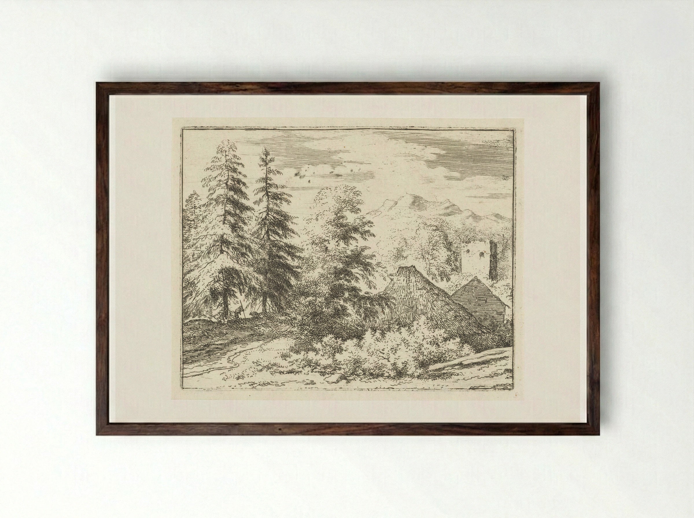 Landschap met man tussen twee sparren - Allaert van Everdingen - Framed Print Dark Wood