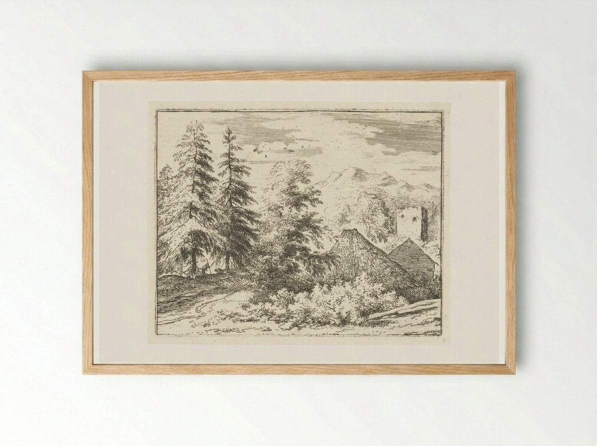 Landschap met man tussen twee sparren - Allaert van Everdingen - Framed Print Wood