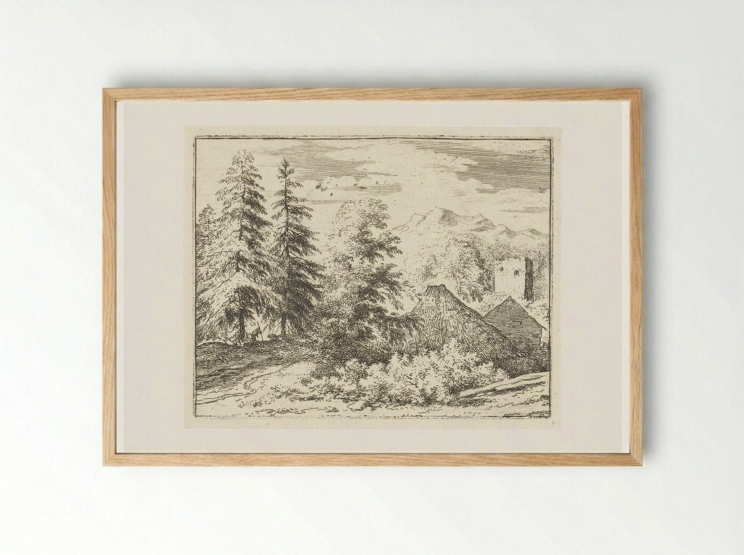 Landschap met man tussen twee sparren - Allaert van Everdingen - Framed Print Wood