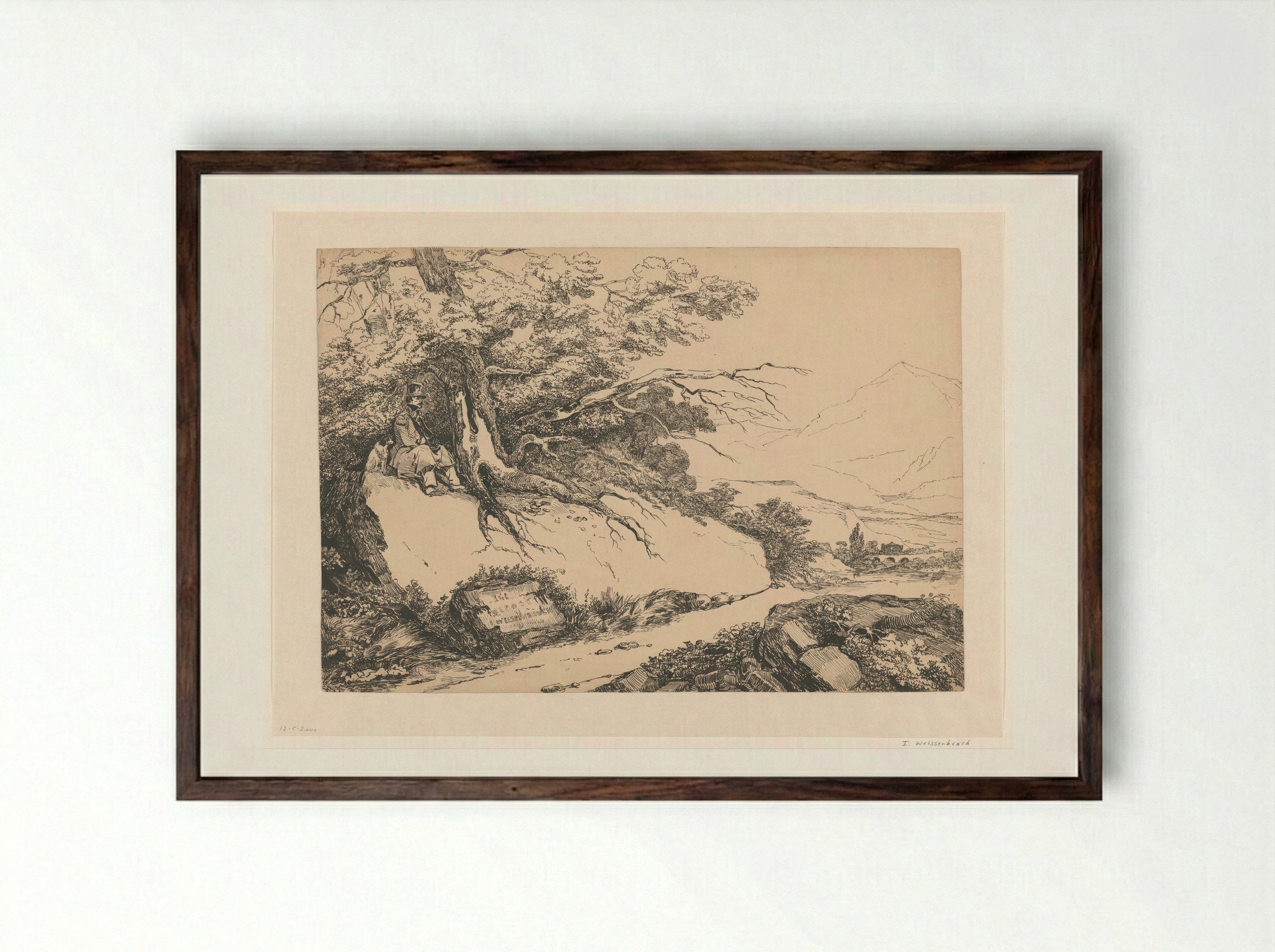 Landschap, met onder een boom een pauzerende man met hond - Isaac Weissenbruch - Framed Print Dark Wood