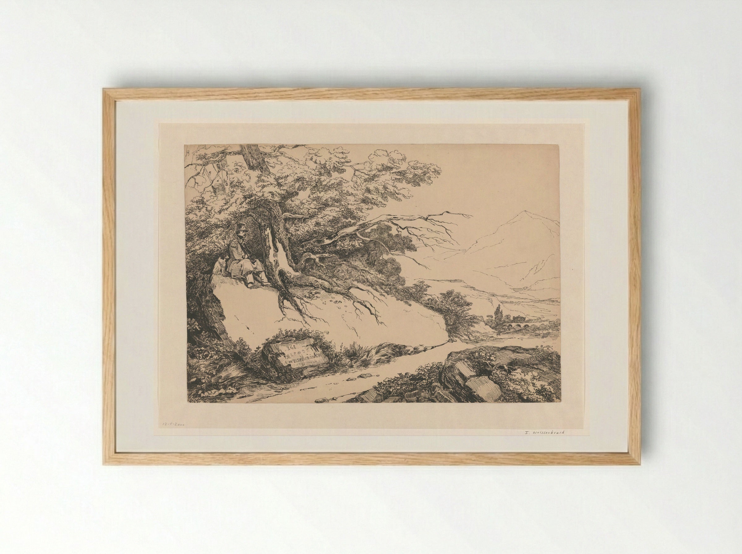 Landschap, met onder een boom een pauzerende man met hond - Isaac Weissenbruch - Framed Print Wood