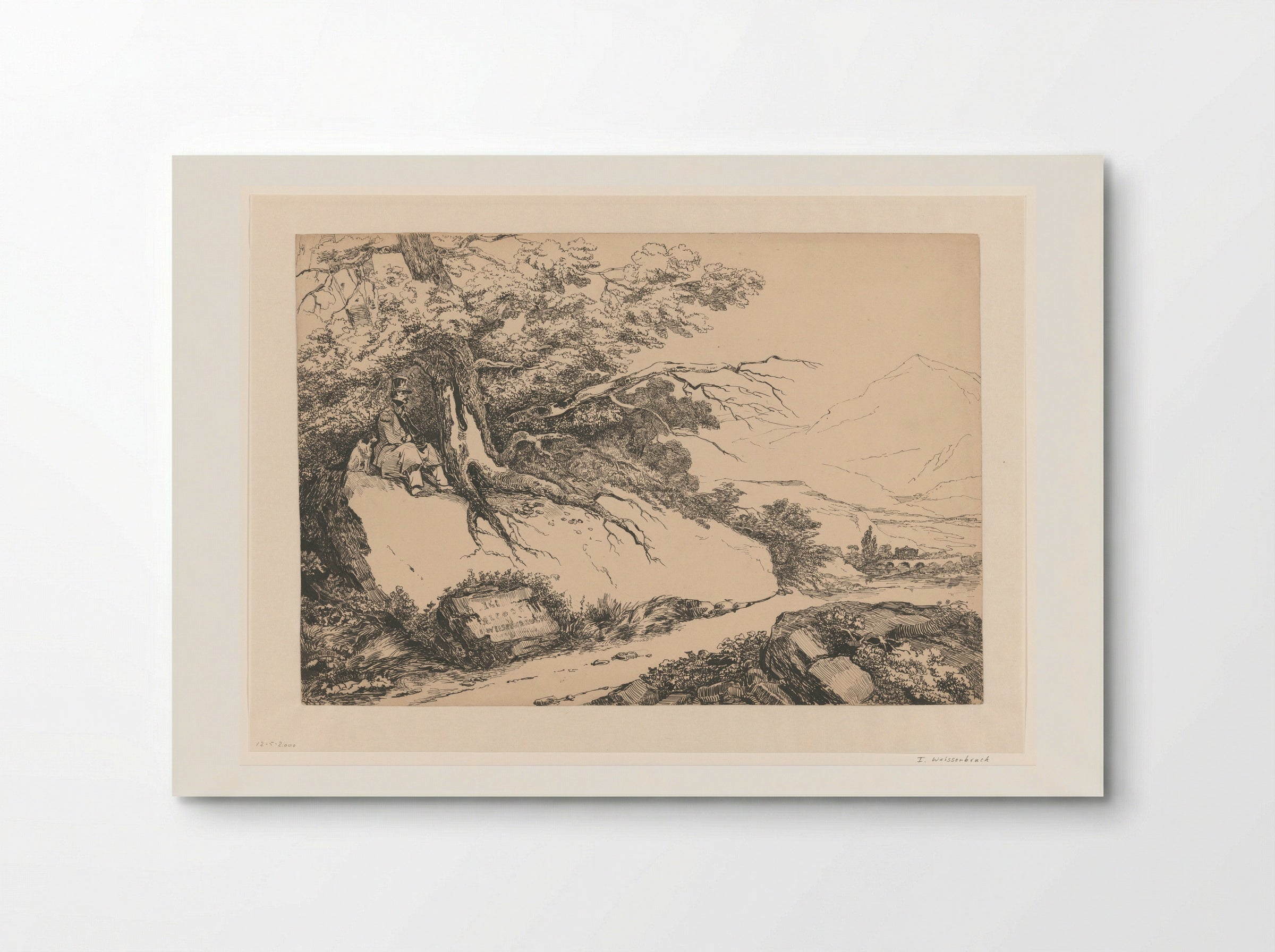 Landschap, met onder een boom een pauzerende man met hond - Isaac Weissenbruch - Poster