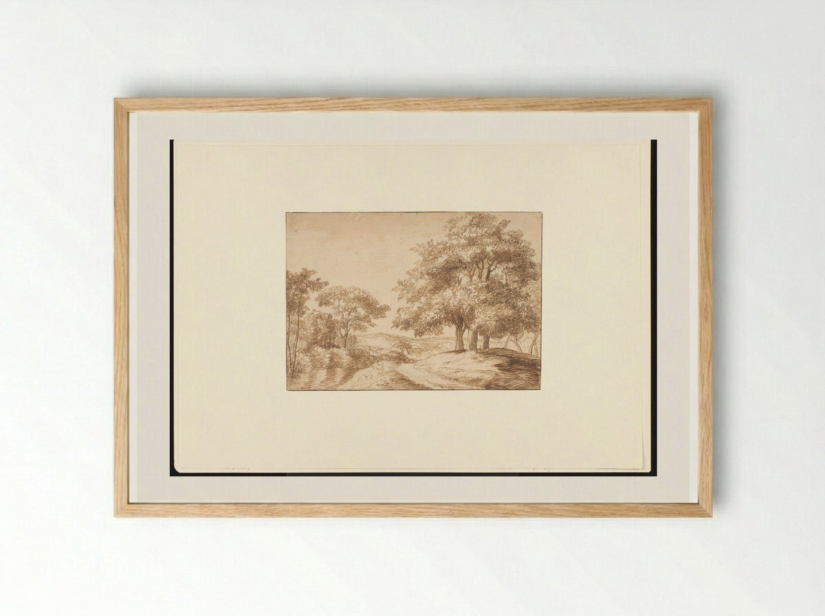 Landschap met rechts drie bomen - Jan Lievens - Framed Print Wood