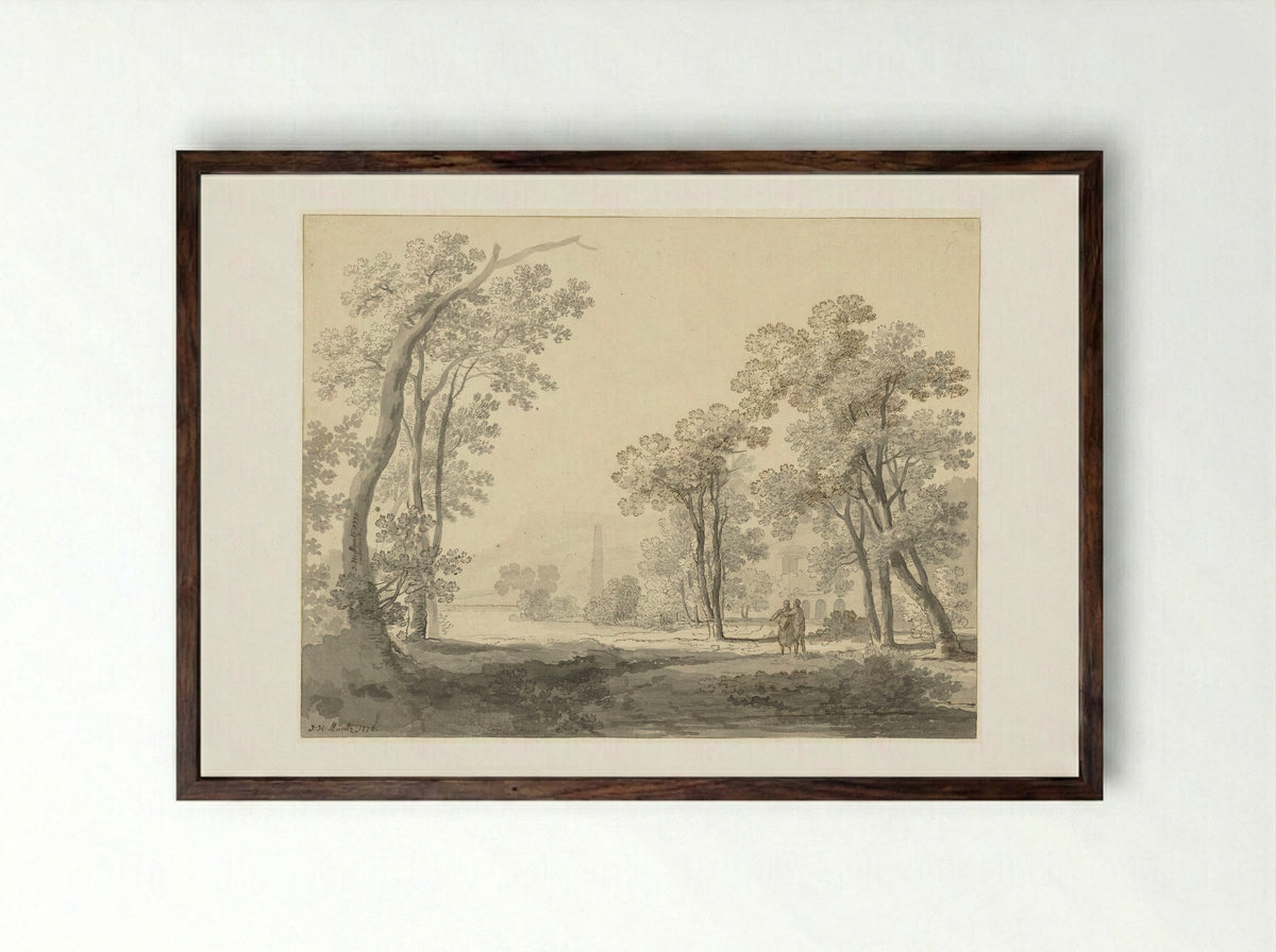 Landschap met rechts twee figuren - Johann Heinrich Müntz - Framed Print Dark Wood