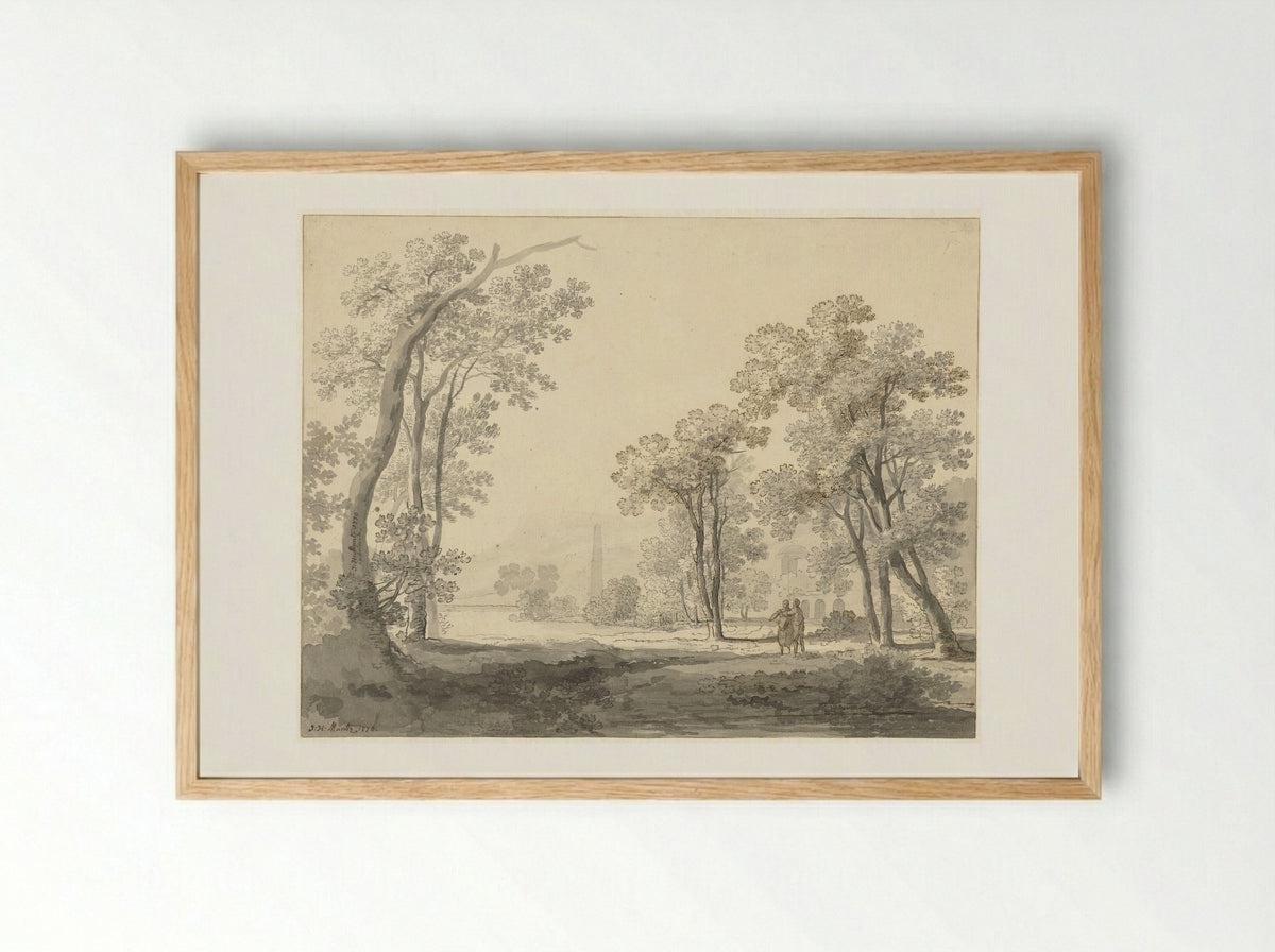 Landschap met rechts twee figuren - Johann Heinrich Müntz - Framed Print Wood