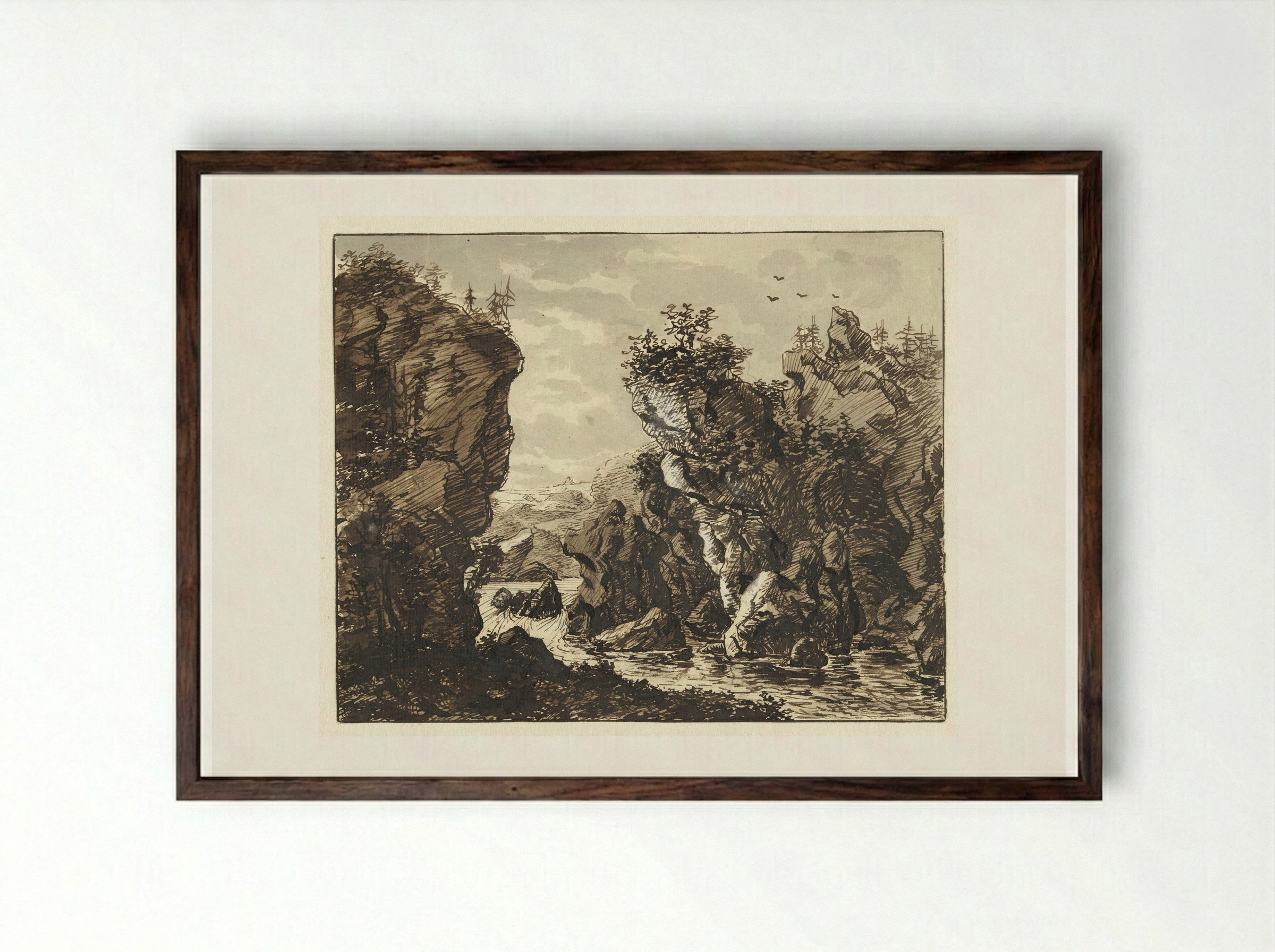 Landschap met rivier tussen rotsen - Ernst Willem Jan Bagelaar - Framed Print Dark Wood
