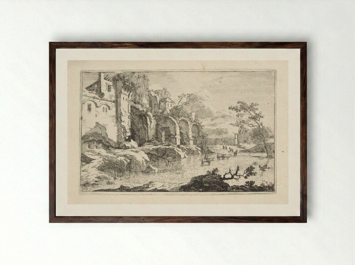 Landschap met ruïne en herder - Jan Smees - Framed Print Dark Wood