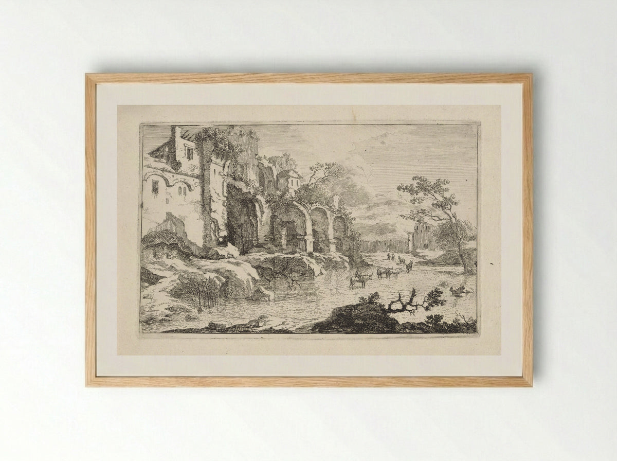 Landschap met ruïne en herder - Jan Smees - Framed Print Wood