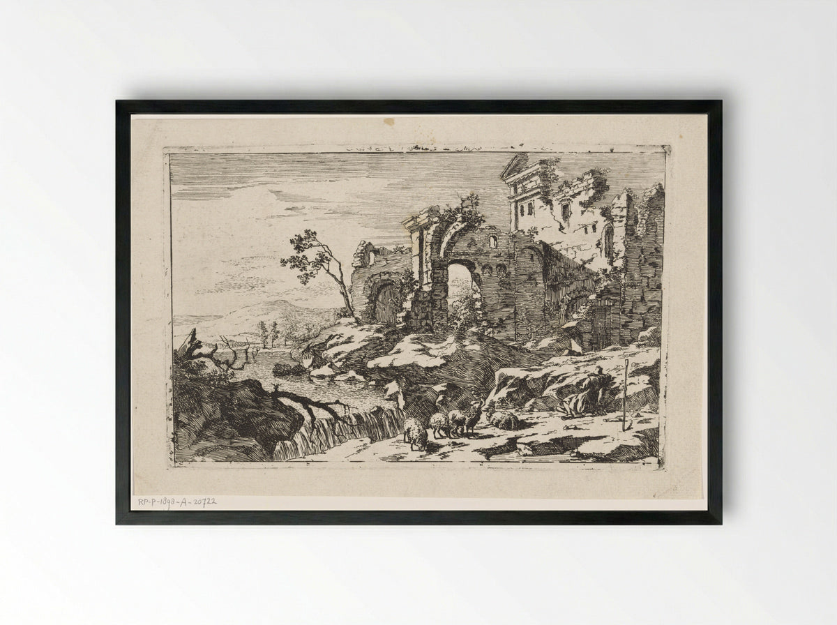 Landschap met ruïne en waterval - Jan Smees - Framed Print Black