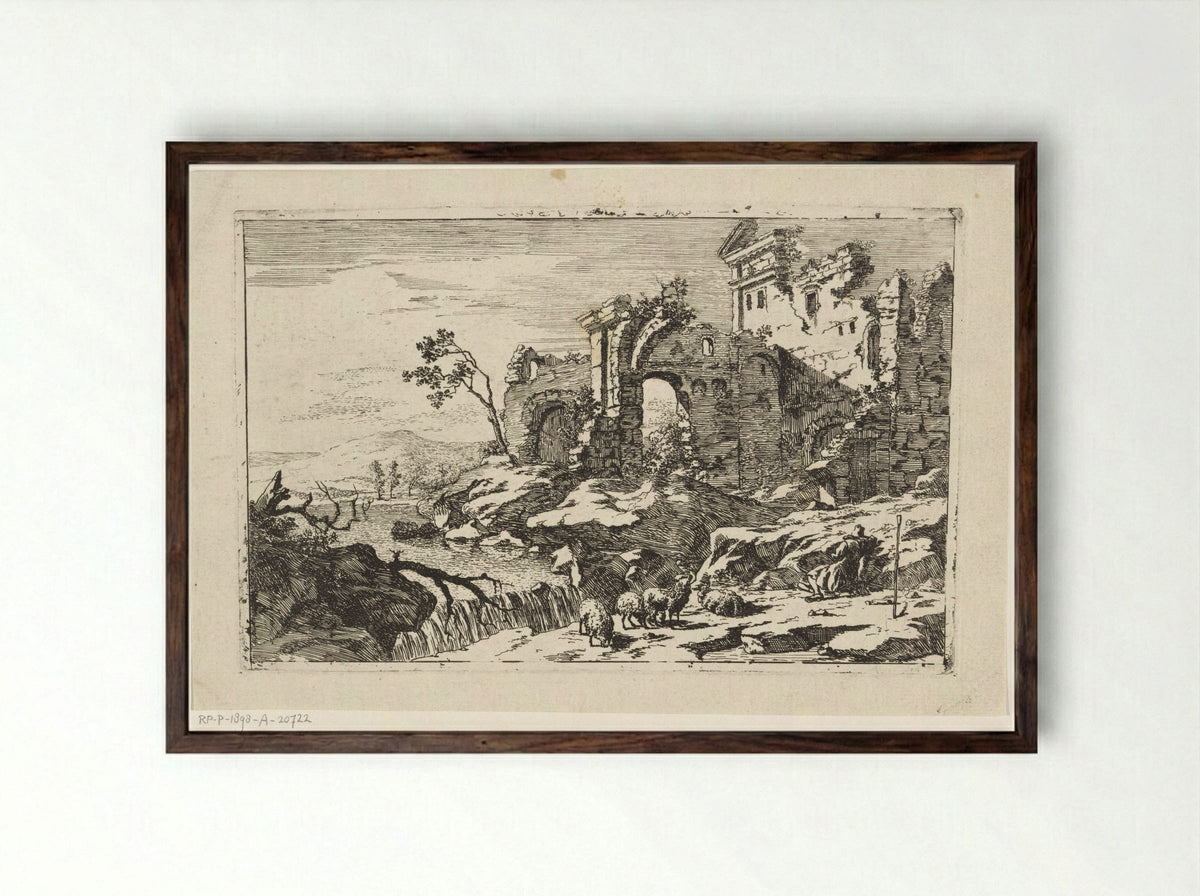 Landschap met ruïne en waterval - Jan Smees - Framed Print Dark Wood
