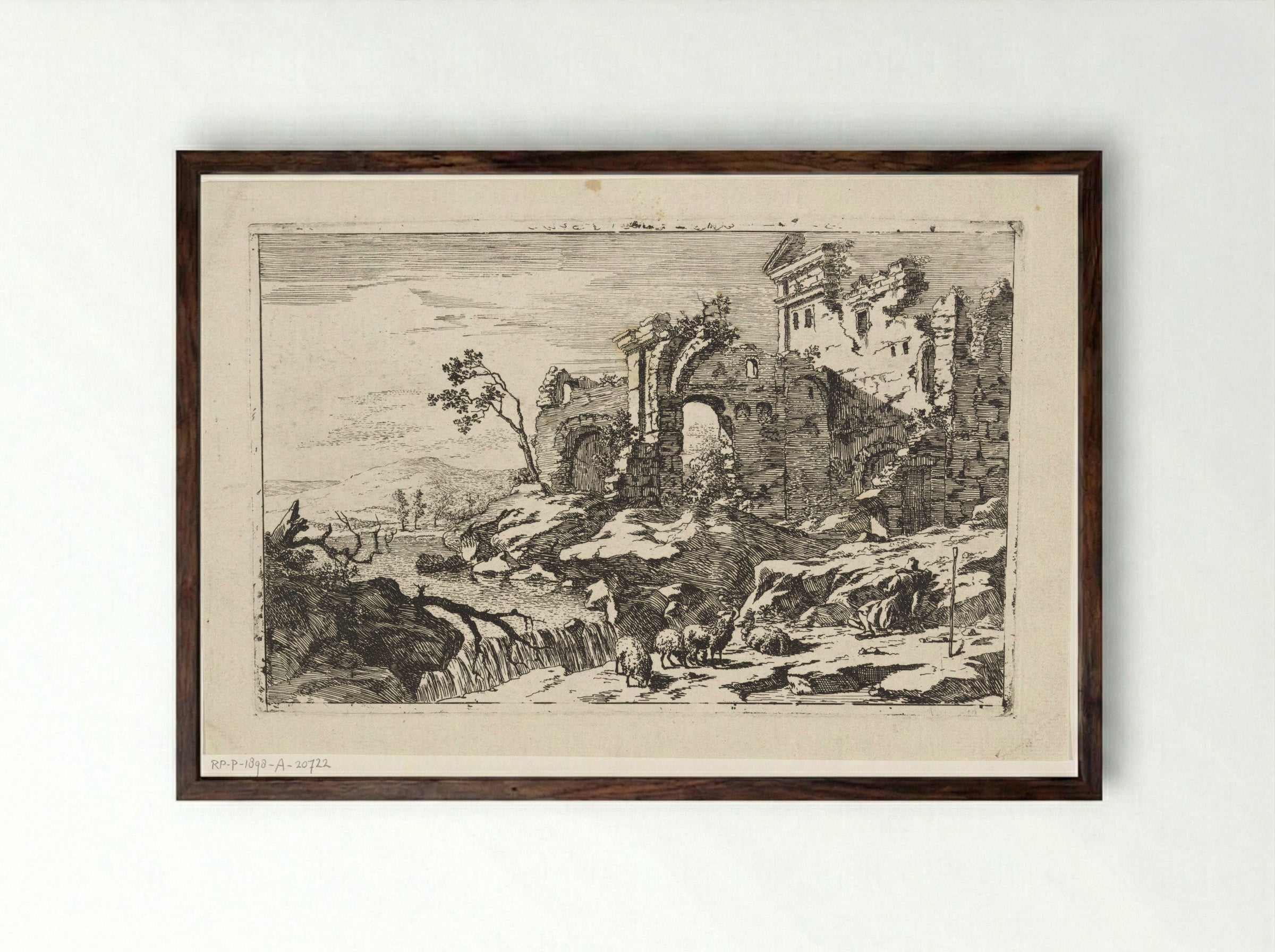 Landschap met ruïne en waterval - Jan Smees - Framed Print Dark Wood