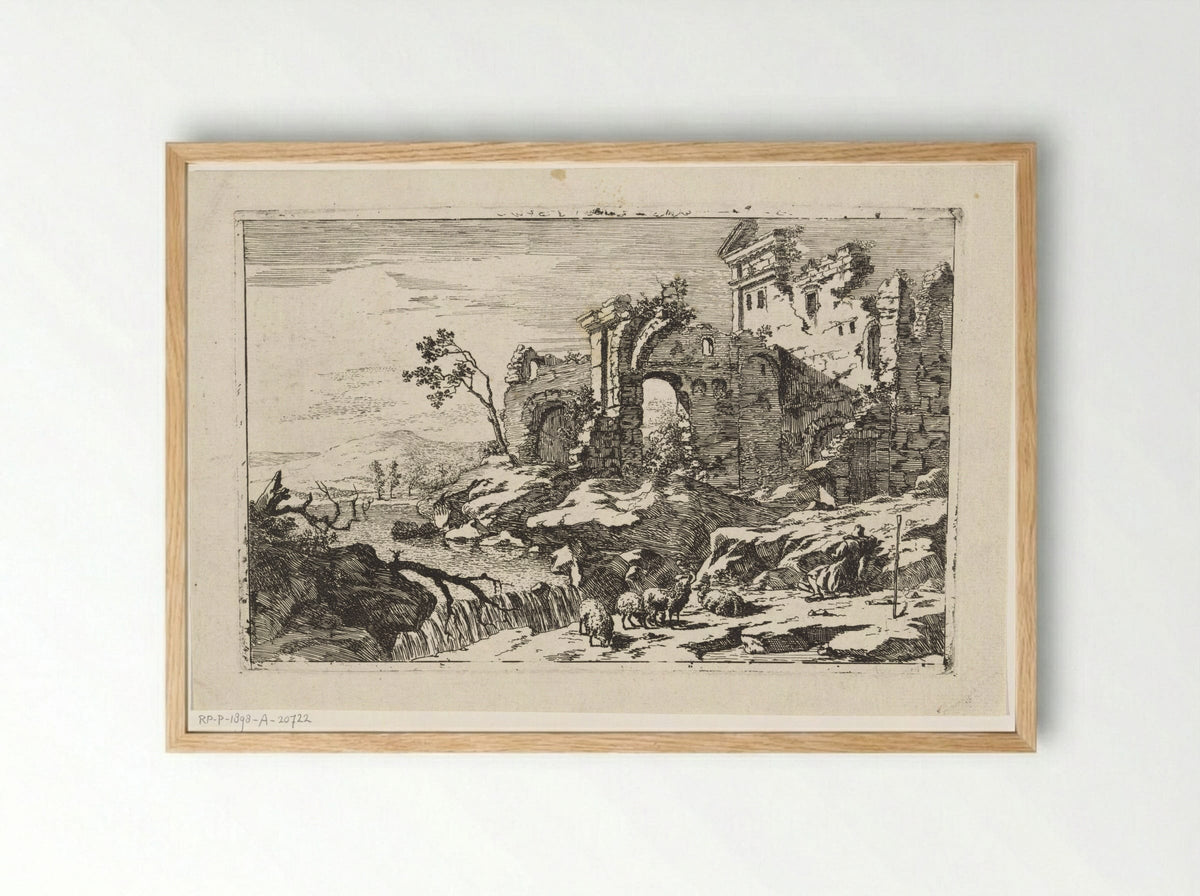 Landschap met ruïne en waterval - Jan Smees - Framed Print Wood