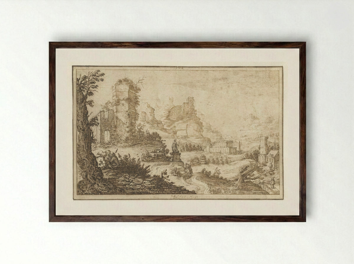 Landschap met ruïnes en een standbeeld - Herman Breckerveld - Framed Print Dark Wood