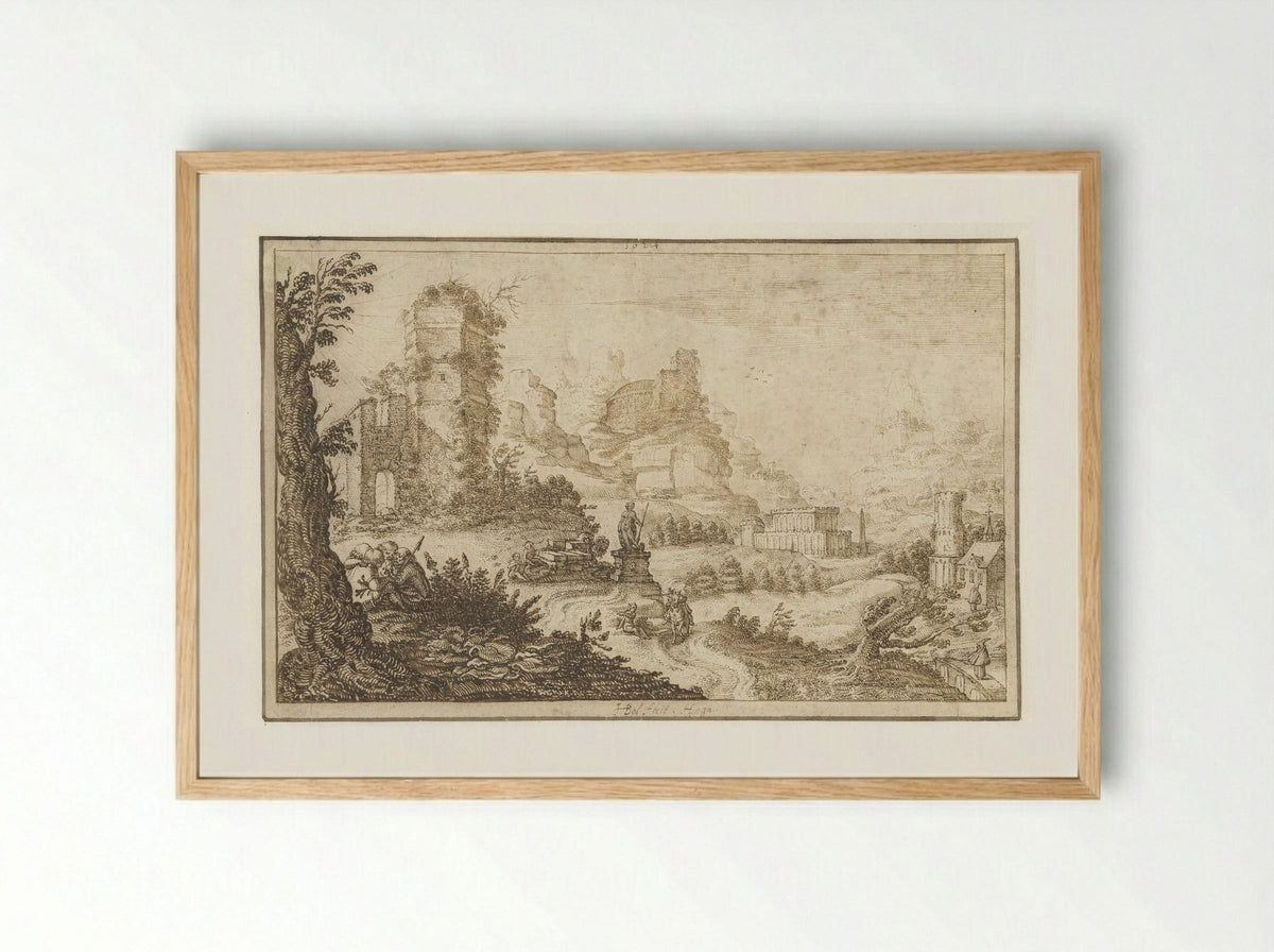 Landschap met ruïnes en een standbeeld - Herman Breckerveld - Framed Print Wood