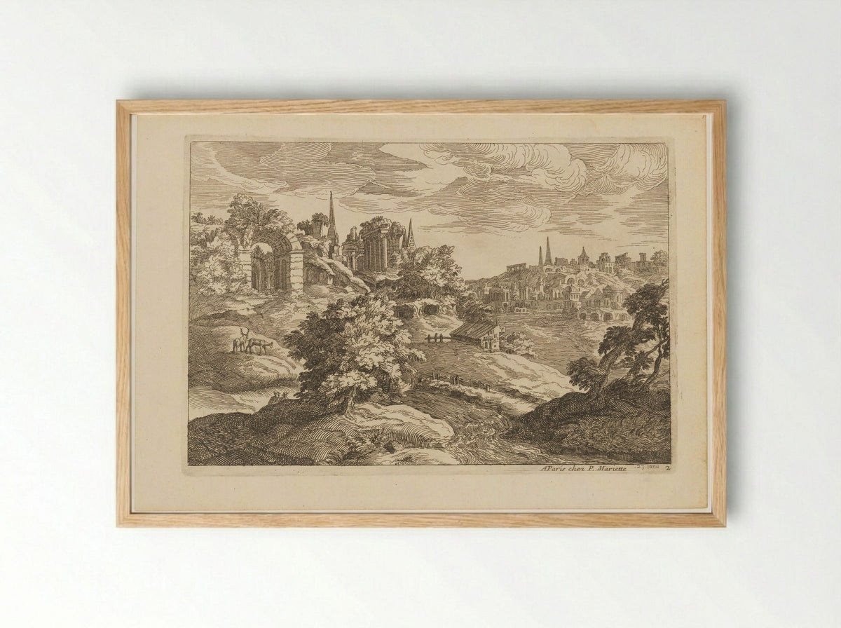 Landschap met ruïnes en herten - Moise Jean Baptiste Fouard - Framed Print Wood