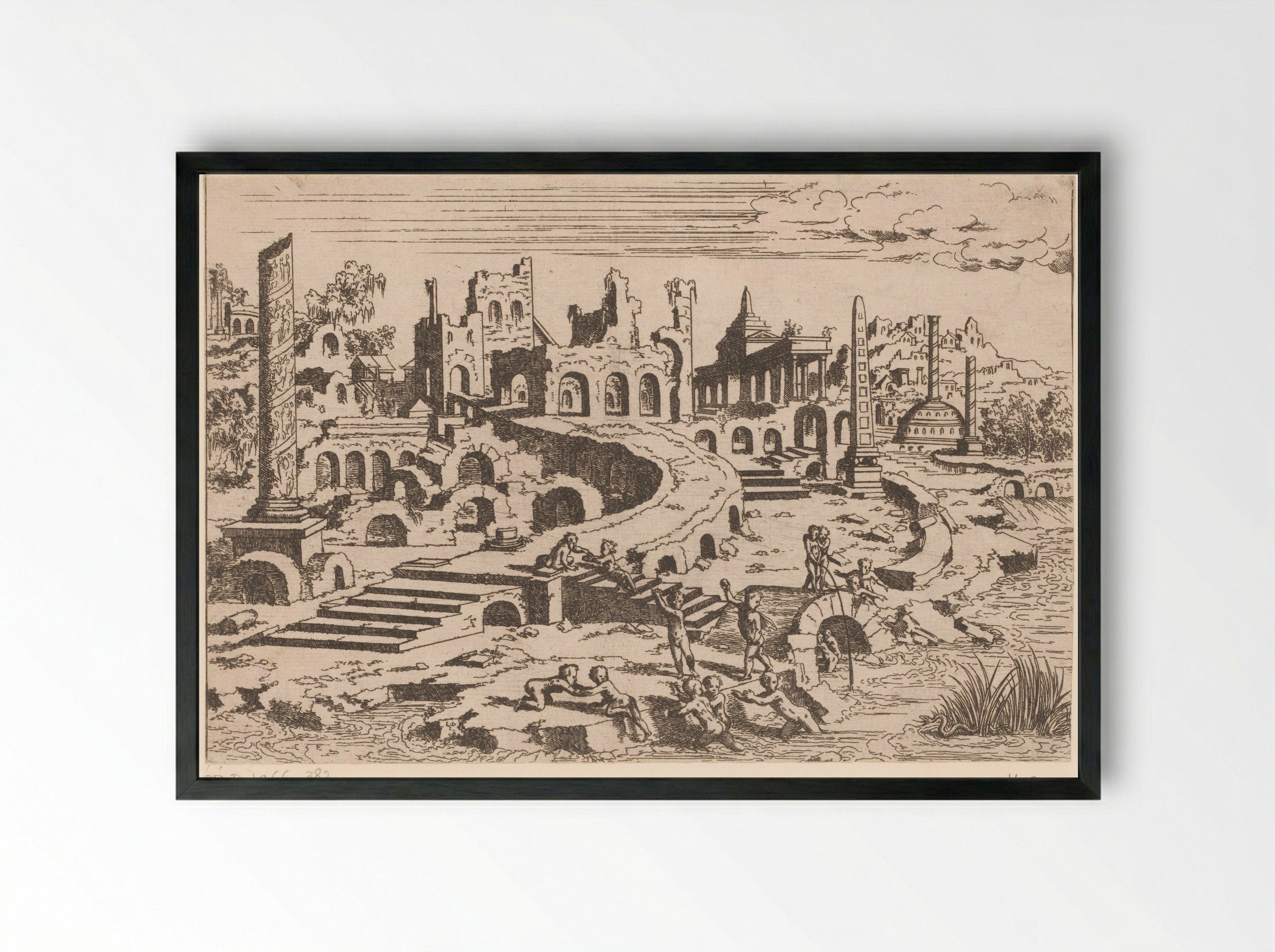 Landschap met ruïnes en putti - Léon Davent - Framed Print Black