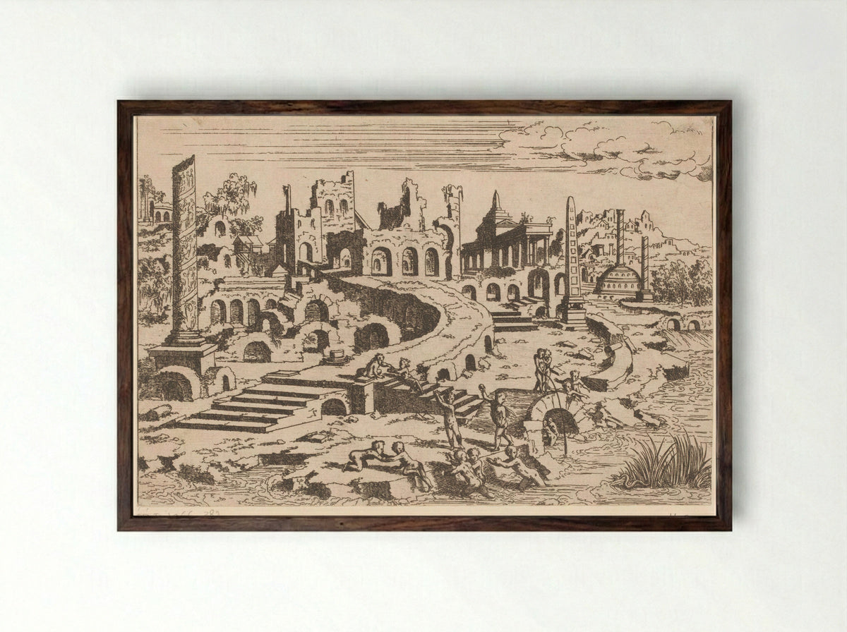 Landschap met ruïnes en putti - Léon Davent - Framed Print Dark Wood