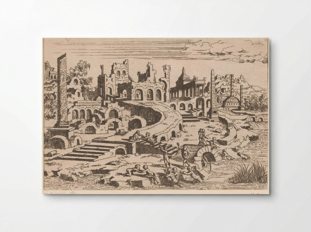 Landschap met ruïnes en putti - Léon Davent - Poster
