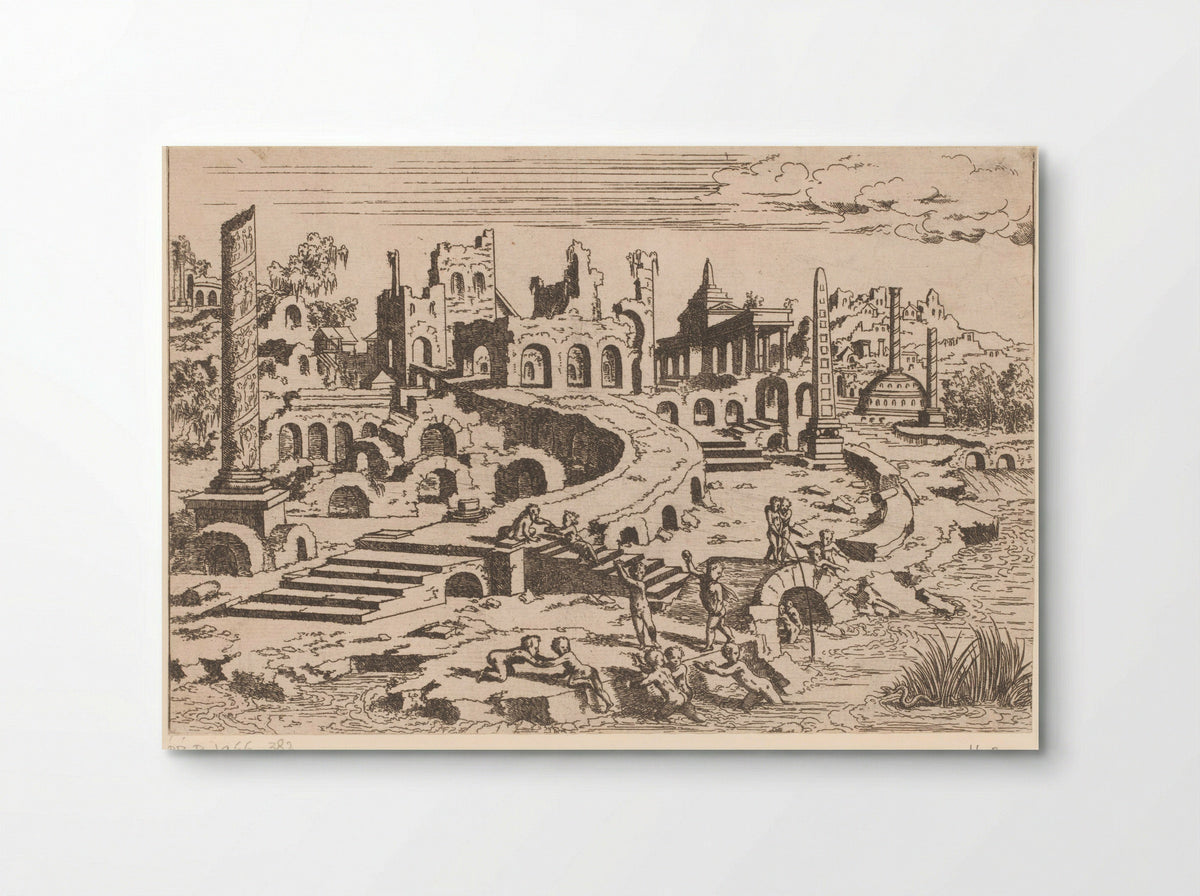 Landschap met ruïnes en putti - Léon Davent - Poster