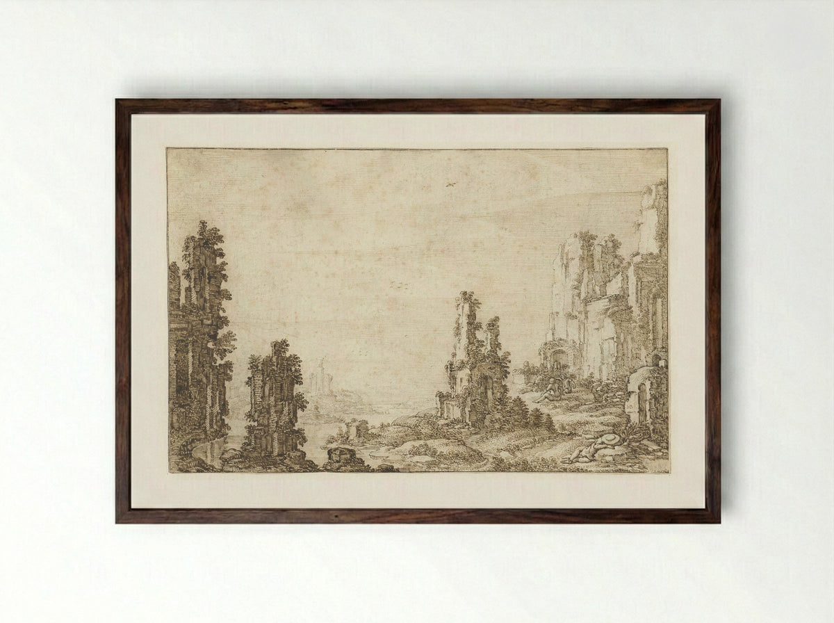 Landschap met ruïnes - Herman Breckerveld - Framed Print Dark Wood