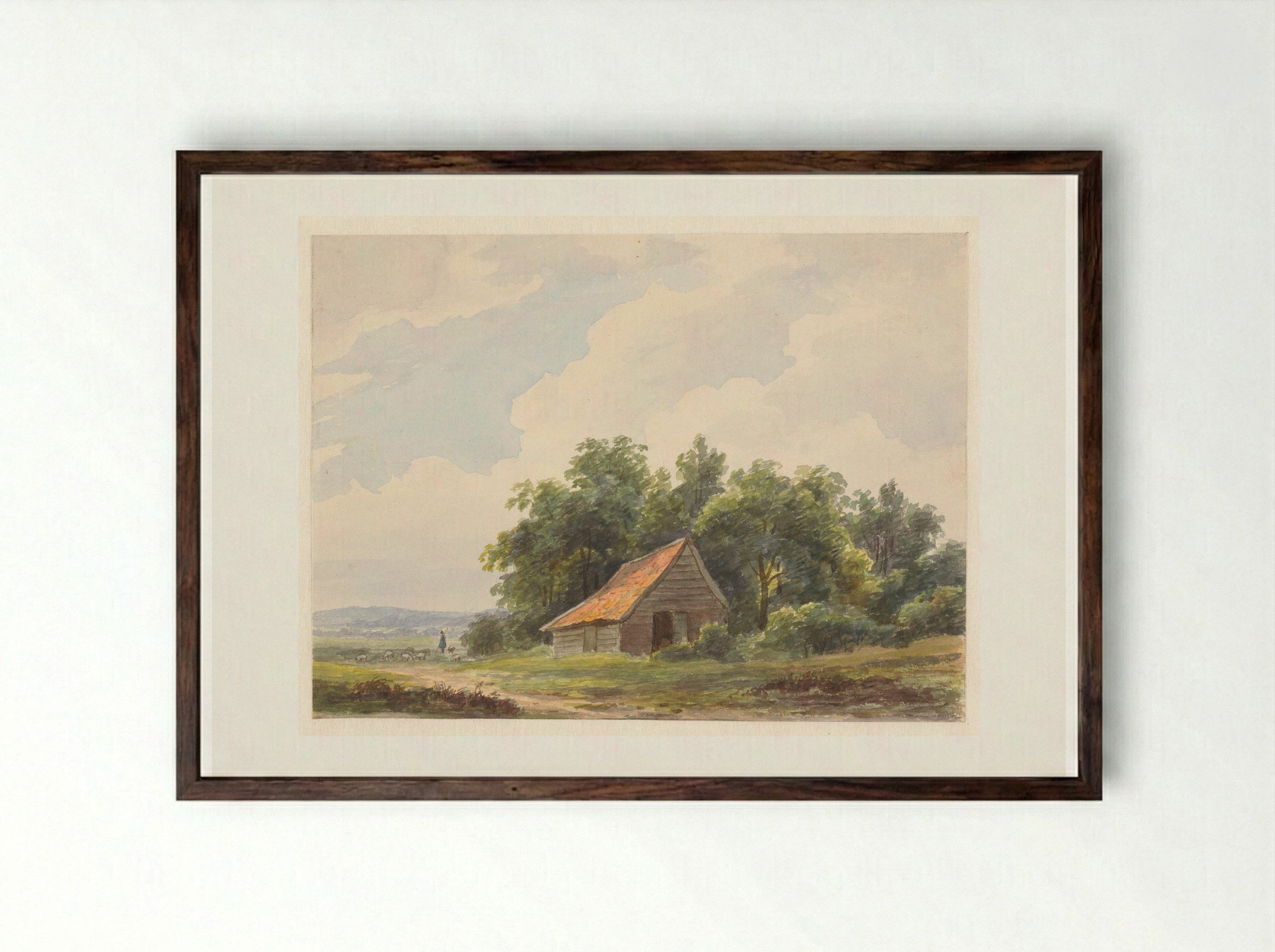 Landschap met schuur en in de verte een herder met schapen - Andreas Schelfhout - Framed Print Dark Wood