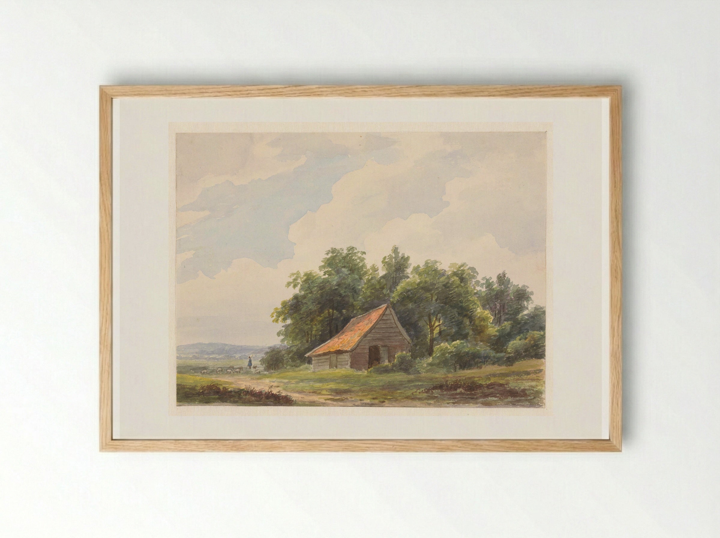 Landschap met schuur en in de verte een herder met schapen - Andreas Schelfhout - Framed Print Wood
