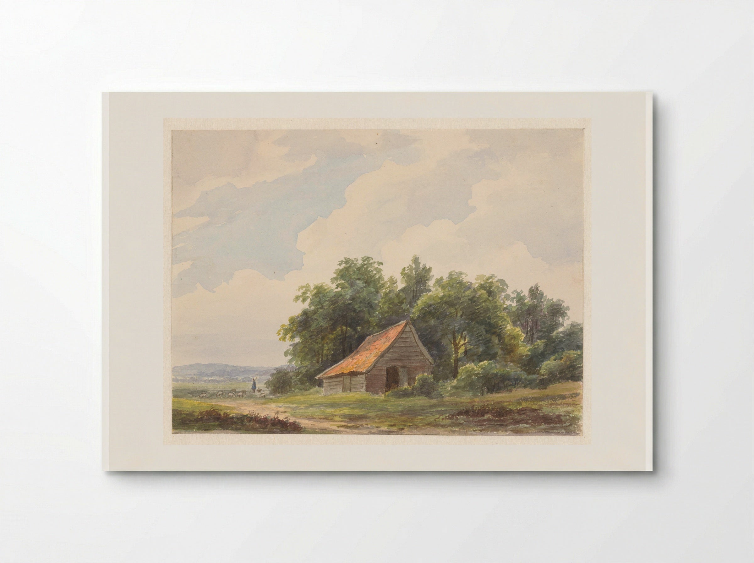 Landschap met schuur en in de verte een herder met schapen - Andreas Schelfhout - Poster