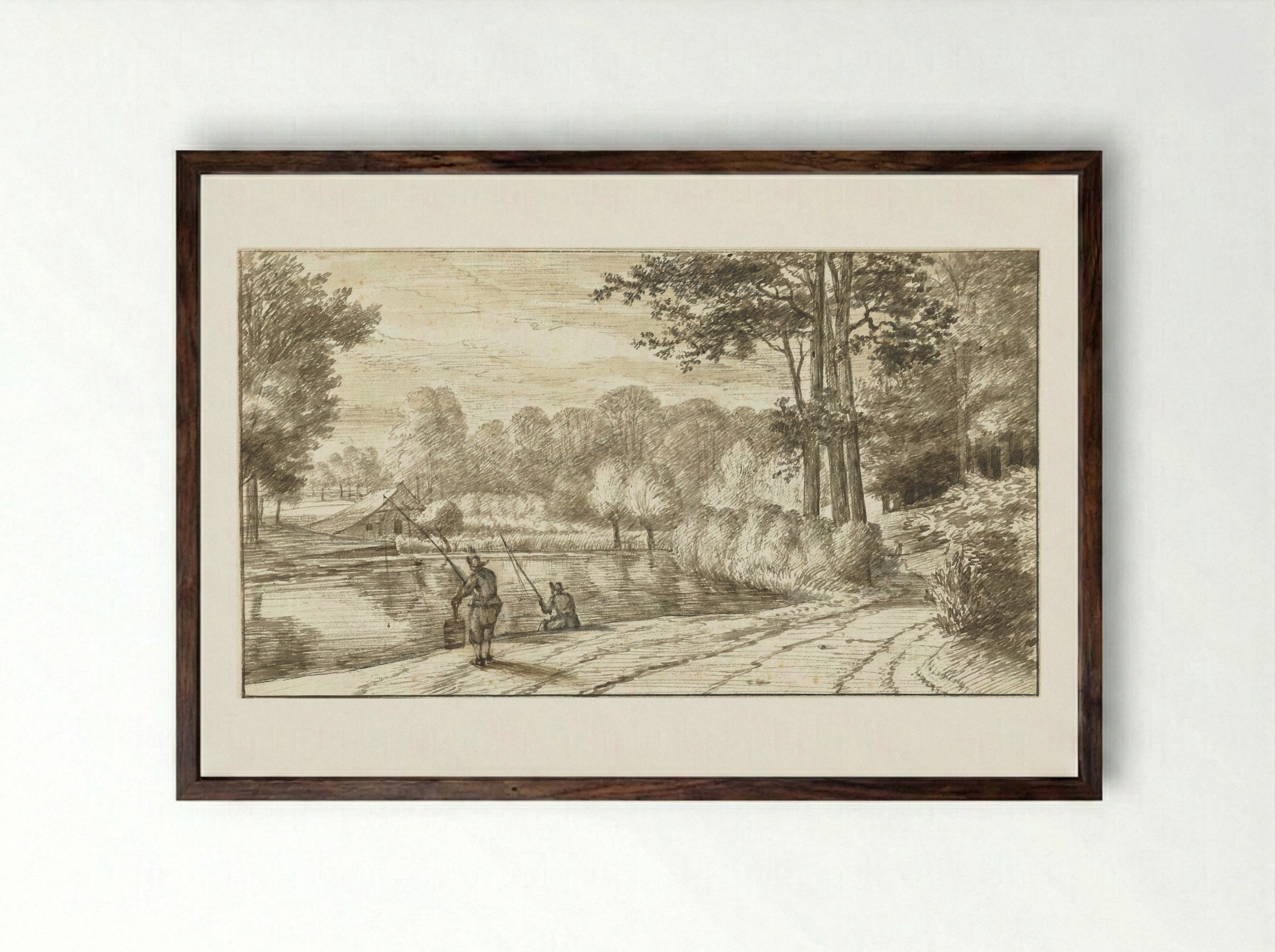 Landschap met twee hengelaars langs een weg - Abraham Rutgers - Framed Print Dark Wood