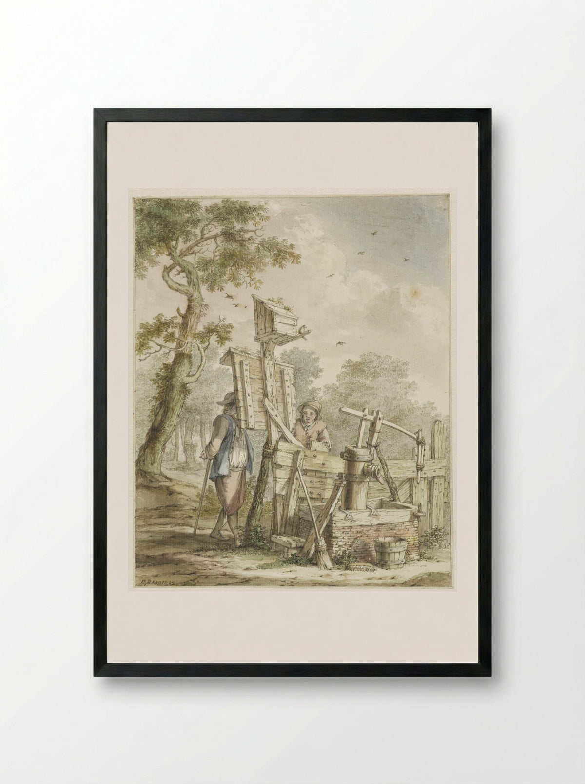 Landschap met twee mannen bij een aanplakbord bij een waterpomp - Bartholomeus Barbiers - Framed Print Black