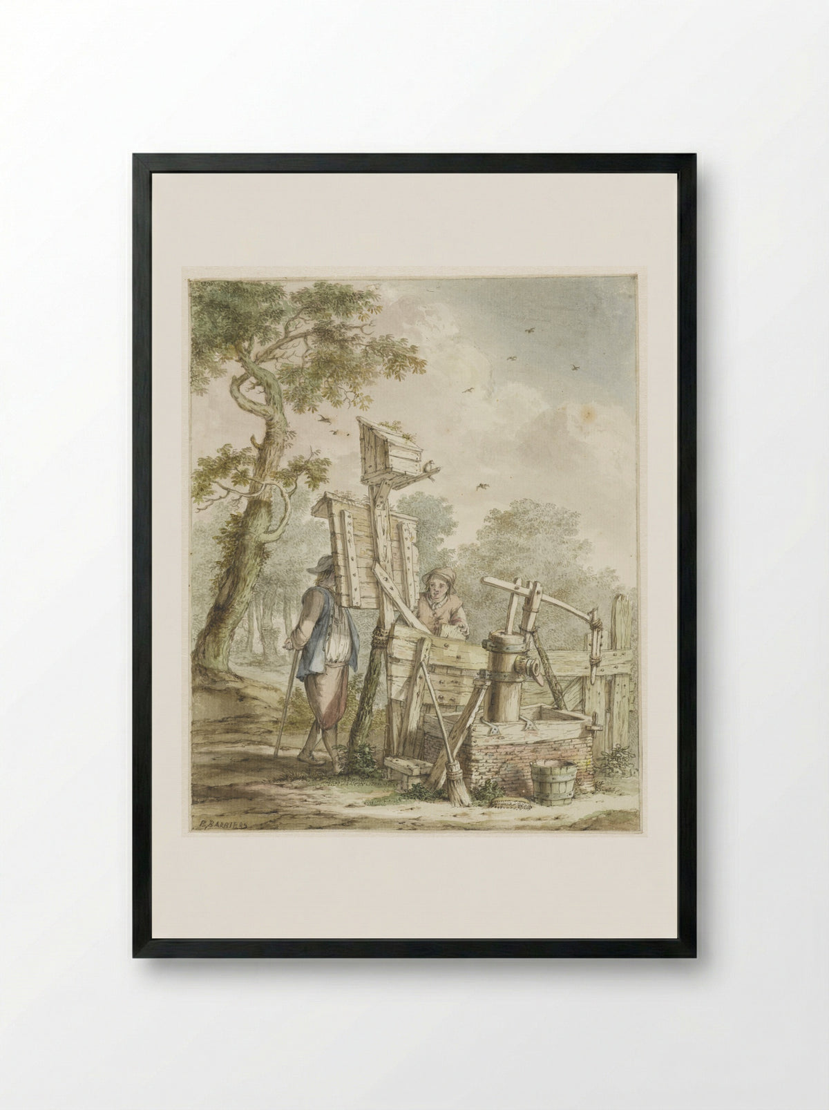 Landschap met twee mannen bij een aanplakbord bij een waterpomp - Bartholomeus Barbiers - Framed Print Black
