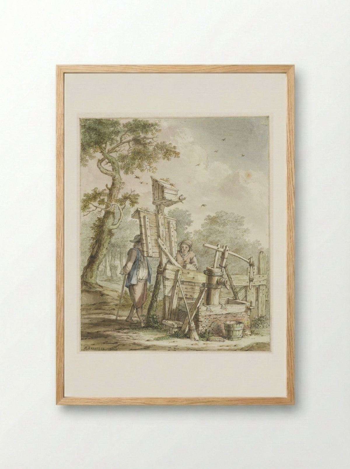 Landschap met twee mannen bij een aanplakbord bij een waterpomp - Bartholomeus Barbiers - Framed Print Wood