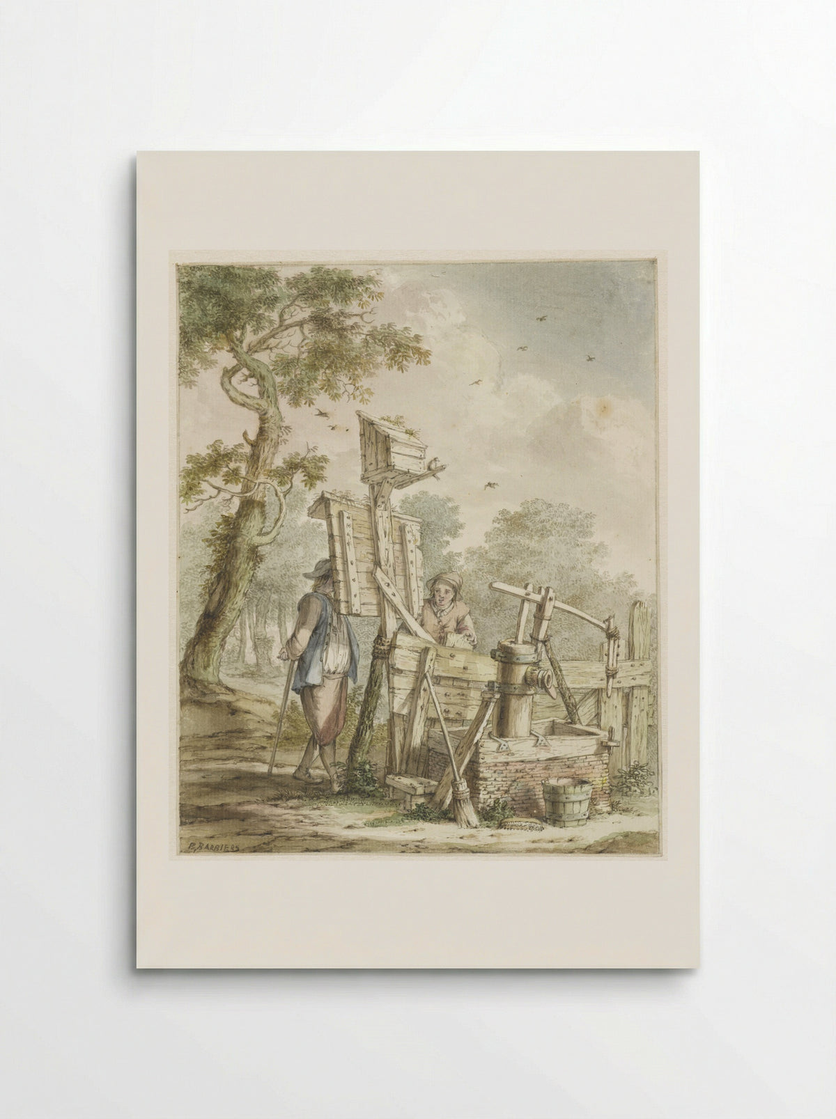 Landschap met twee mannen bij een aanplakbord bij een waterpomp - Bartholomeus Barbiers - Poster