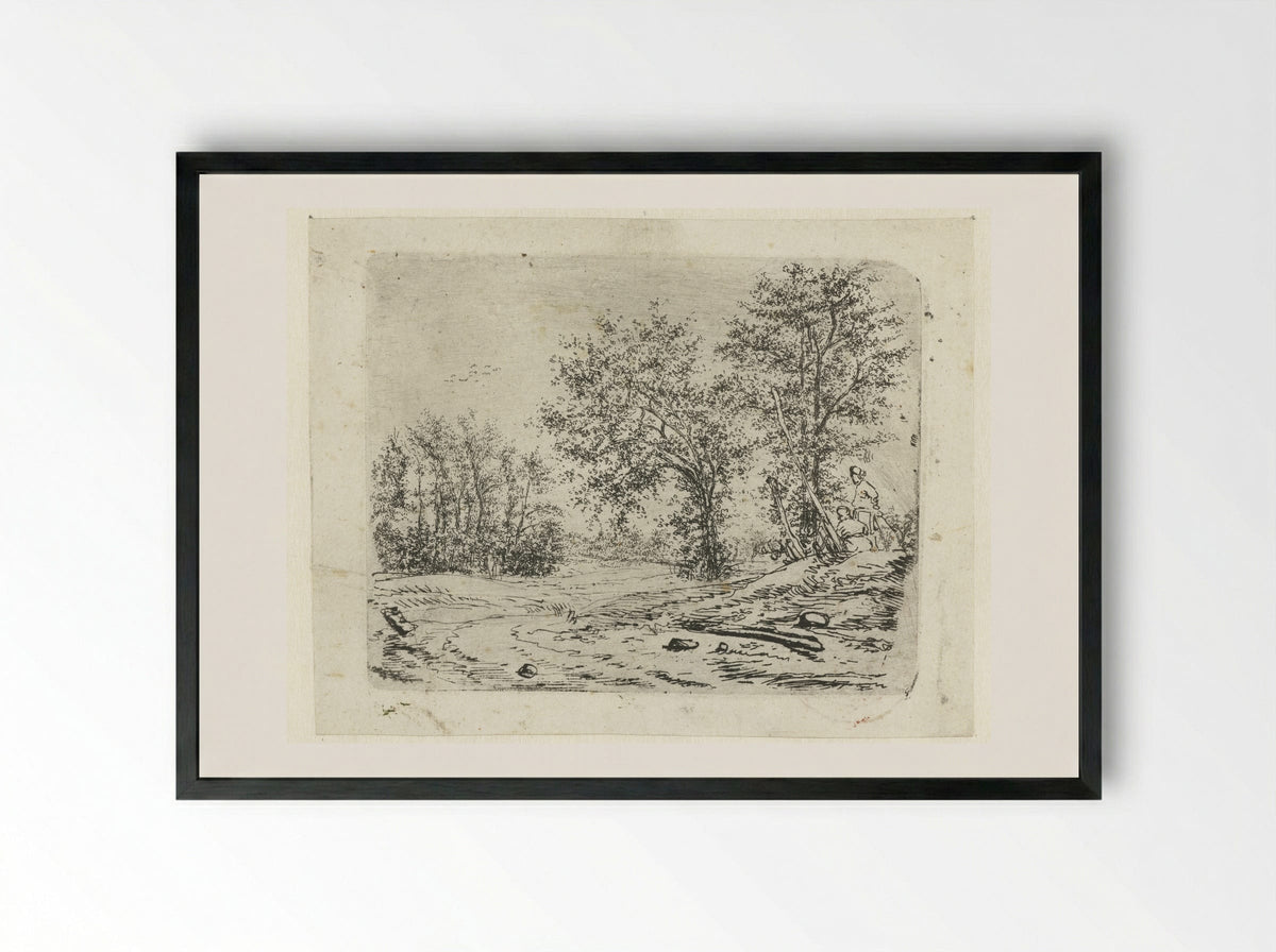 Landschap met twee mannen die een naakte vrouw bespieden - Claes van Beresteyn - Framed Print Black