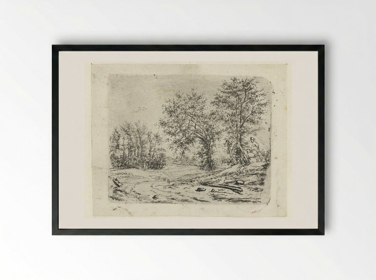 Landschap met twee mannen die een naakte vrouw bespieden - Claes van Beresteyn - Framed Print Black