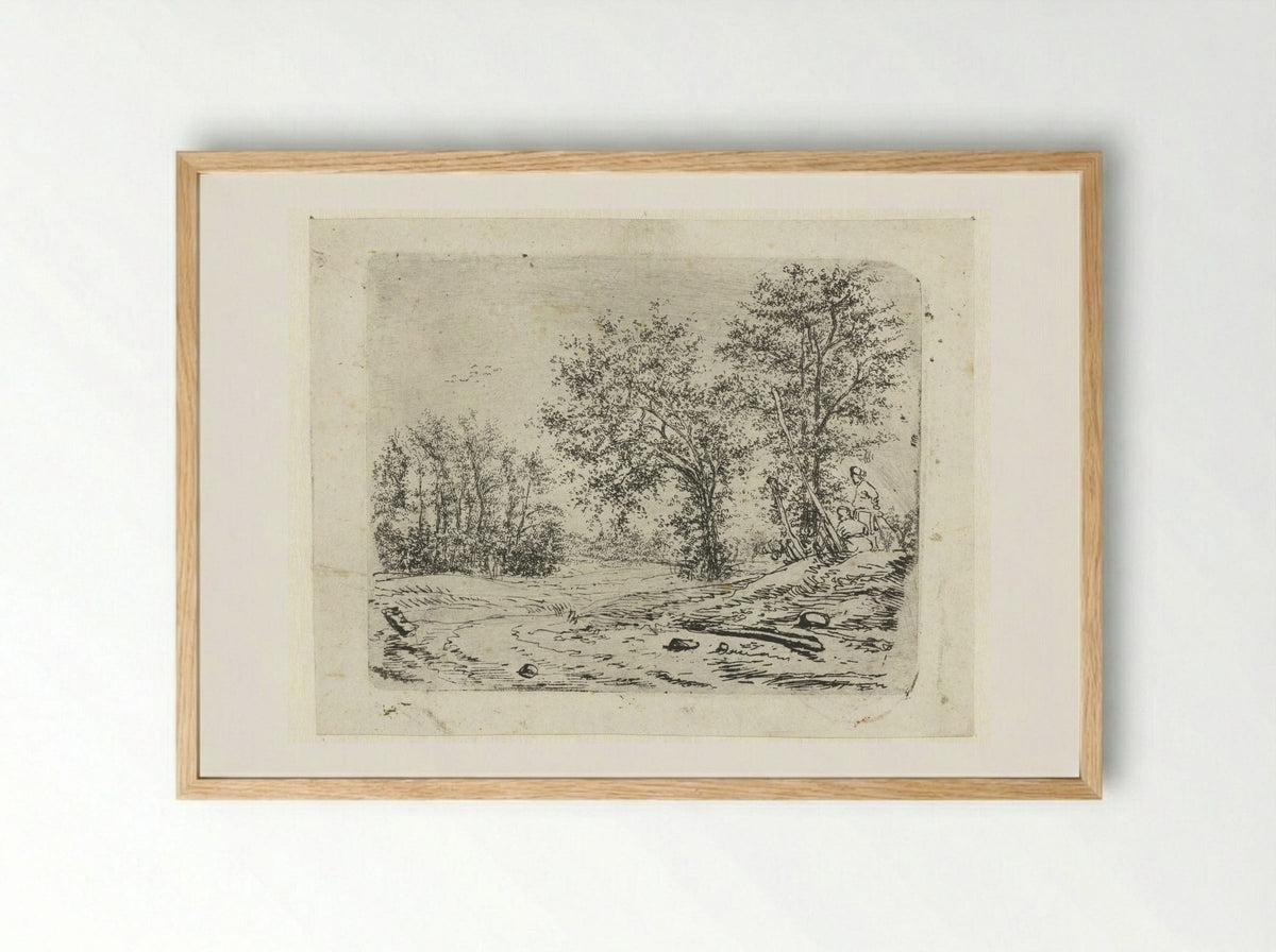 Landschap met twee mannen die een naakte vrouw bespieden - Claes van Beresteyn - Framed Print Wood