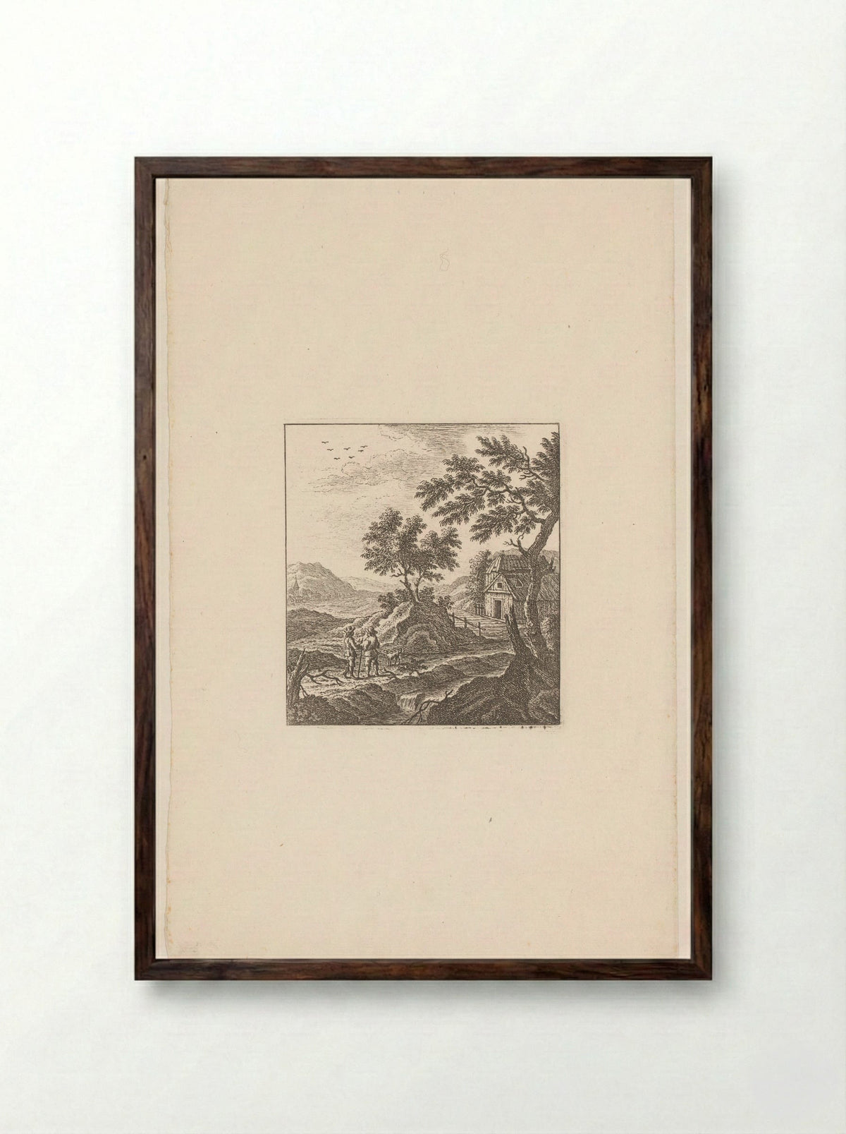 Landschap met twee mannen en een hond bij een boerderij - Johann Caspar Ulinger - Framed Print Dark Wood