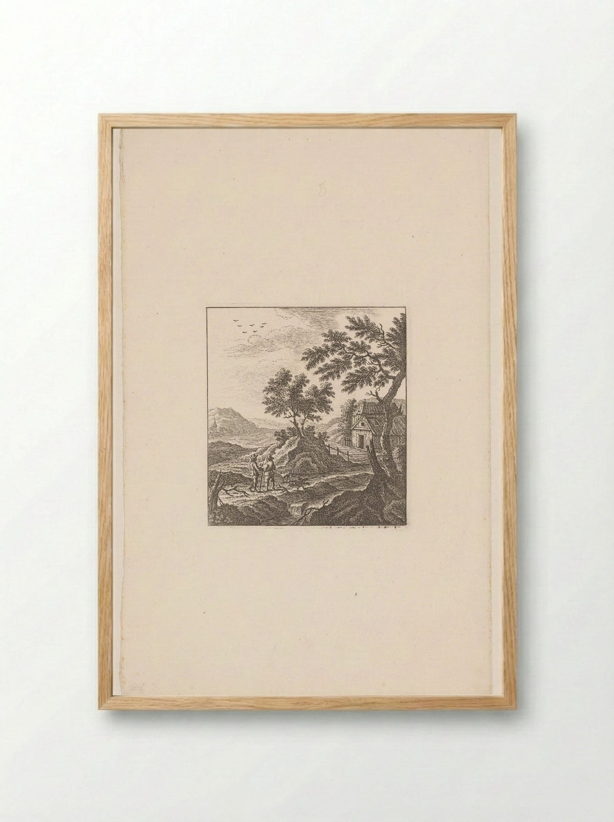 Landschap met twee mannen en een hond bij een boerderij - Johann Caspar Ulinger - Framed Print Wood