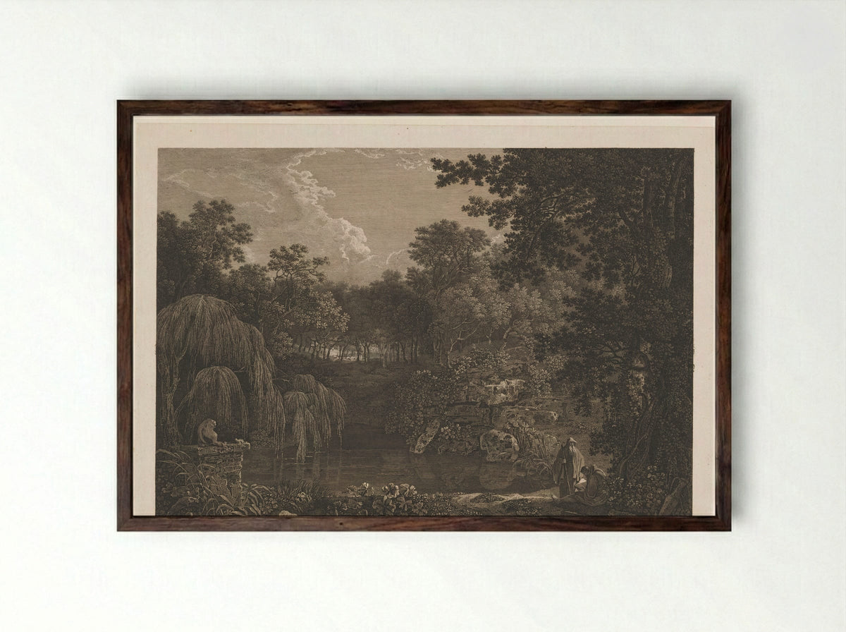 Landschap met twee monniken bij een poel - William Ellis - Framed Print Dark Wood