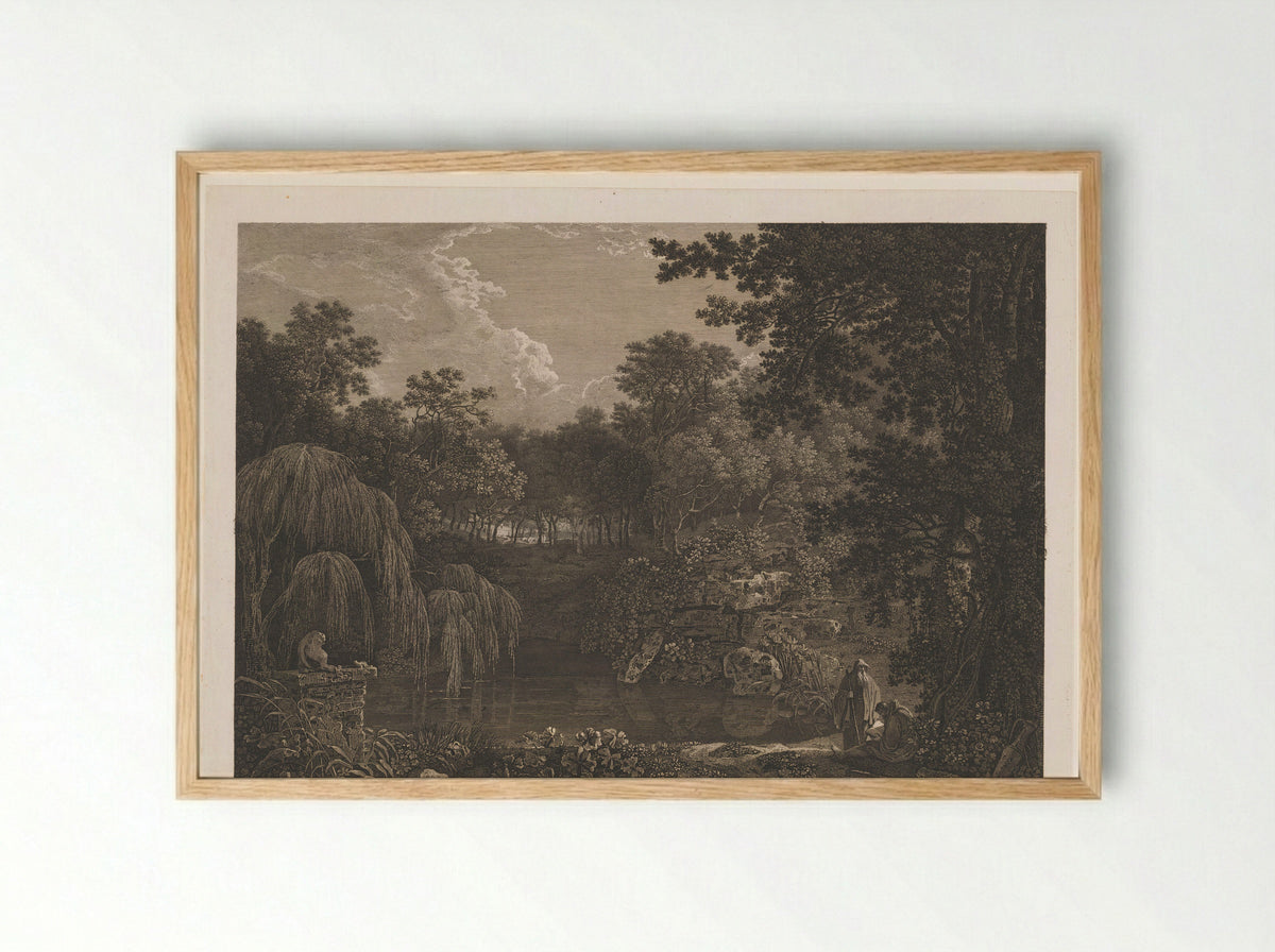 Landschap met twee monniken bij een poel - William Ellis - Framed Print Wood