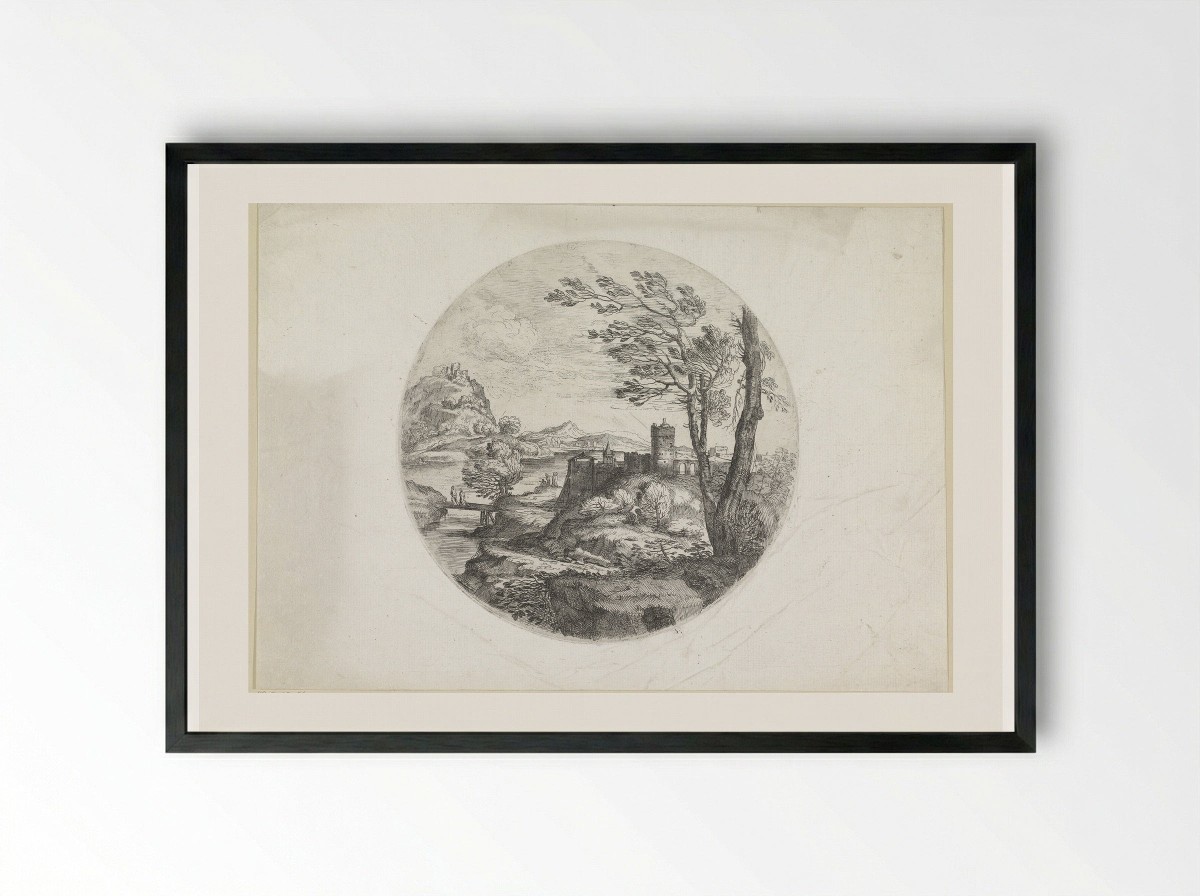 Landschap met twee vrouwen op een brug - Giovanni Francesco Grimaldi - Framed Print Black