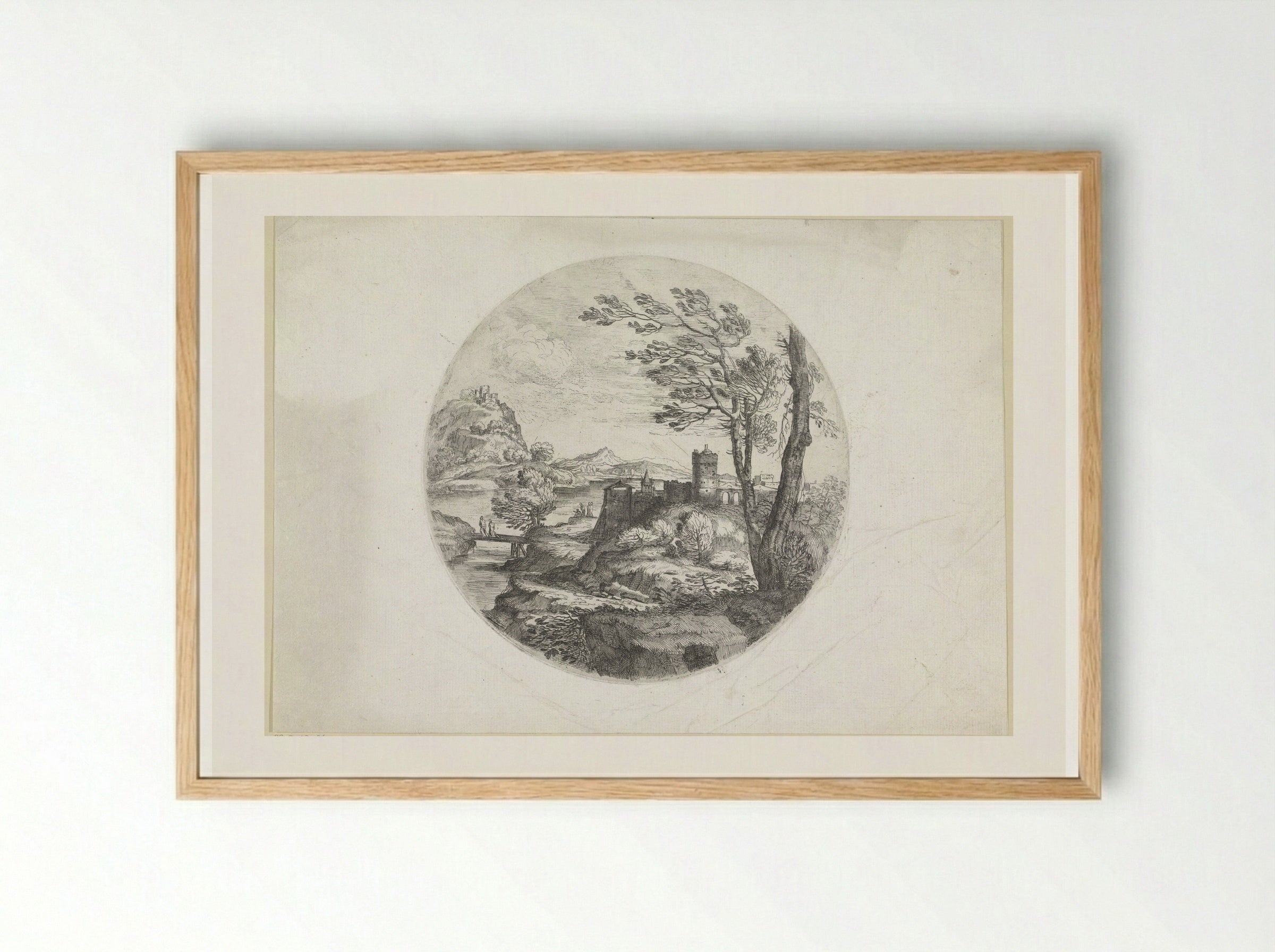 Landschap met twee vrouwen op een brug - Giovanni Francesco Grimaldi - Framed Print Wood