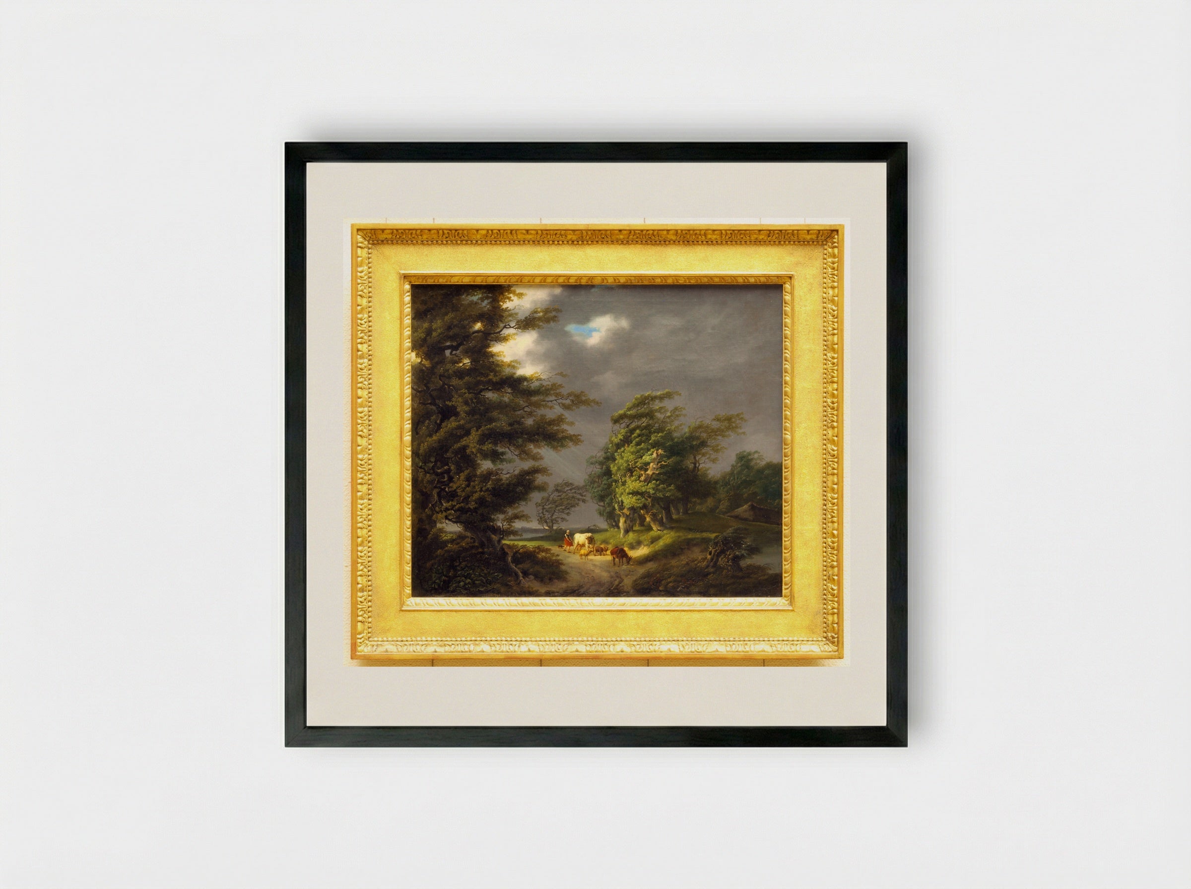 Landschap met twee wandelaars bij een hutje - Hermanus van Brussel - Framed Print Black
