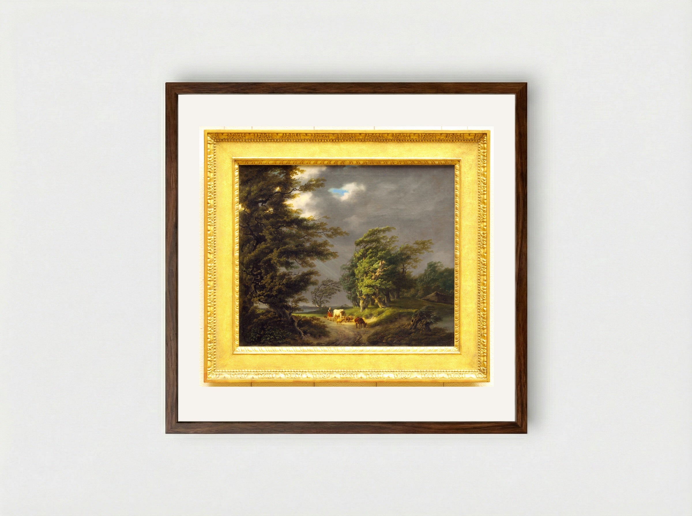 Landschap met twee wandelaars bij een hutje - Hermanus van Brussel - Framed Print Dark Wood