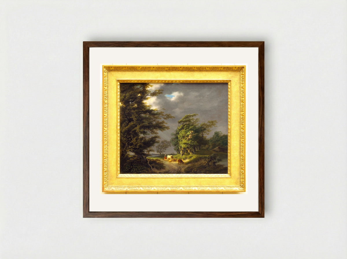 Landschap met twee wandelaars bij een hutje - Hermanus van Brussel - Framed Print Dark Wood